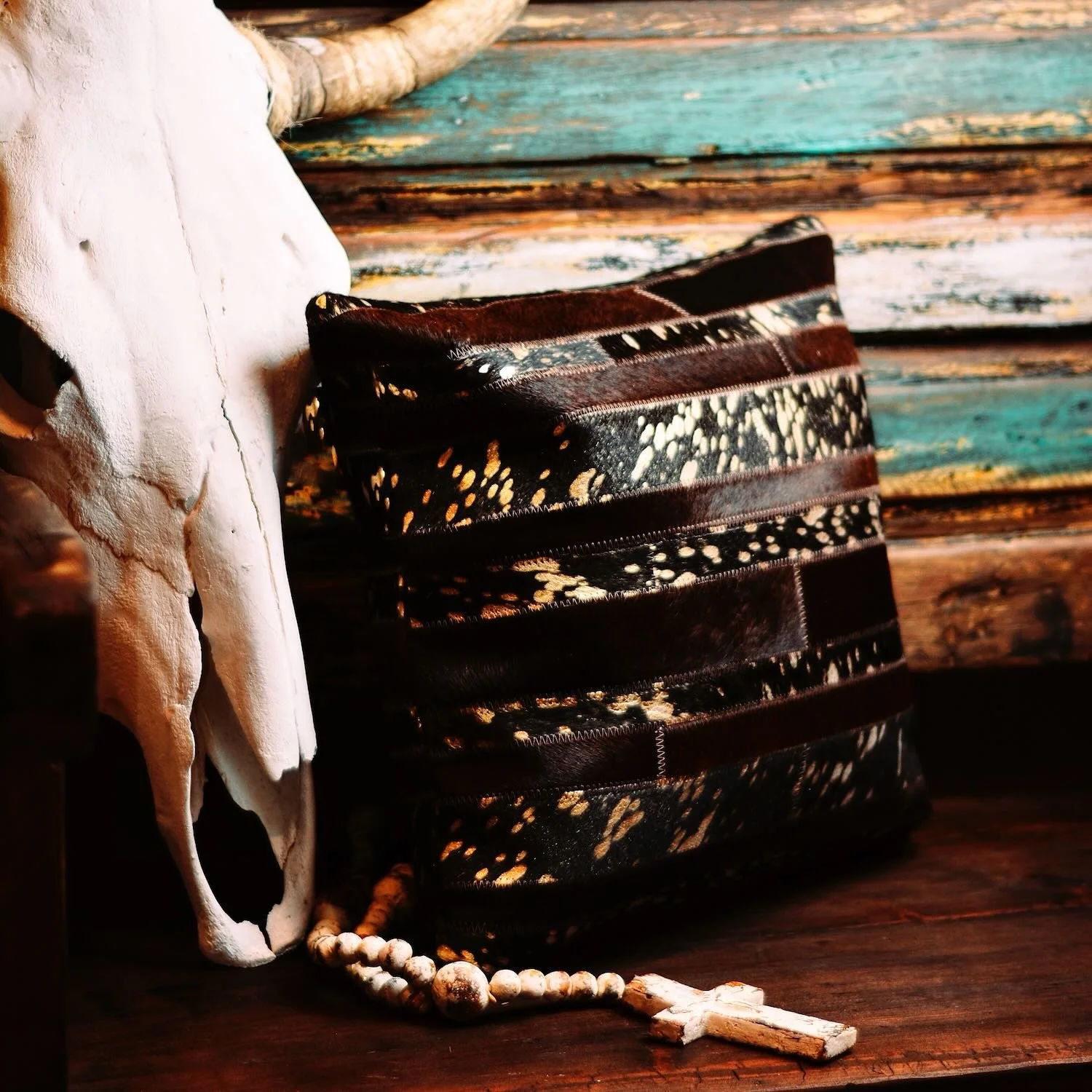 Handmade Brazilian Tombstone Pillow featuring cowhide and leather Western design, 18x18 decorative throw pillow.