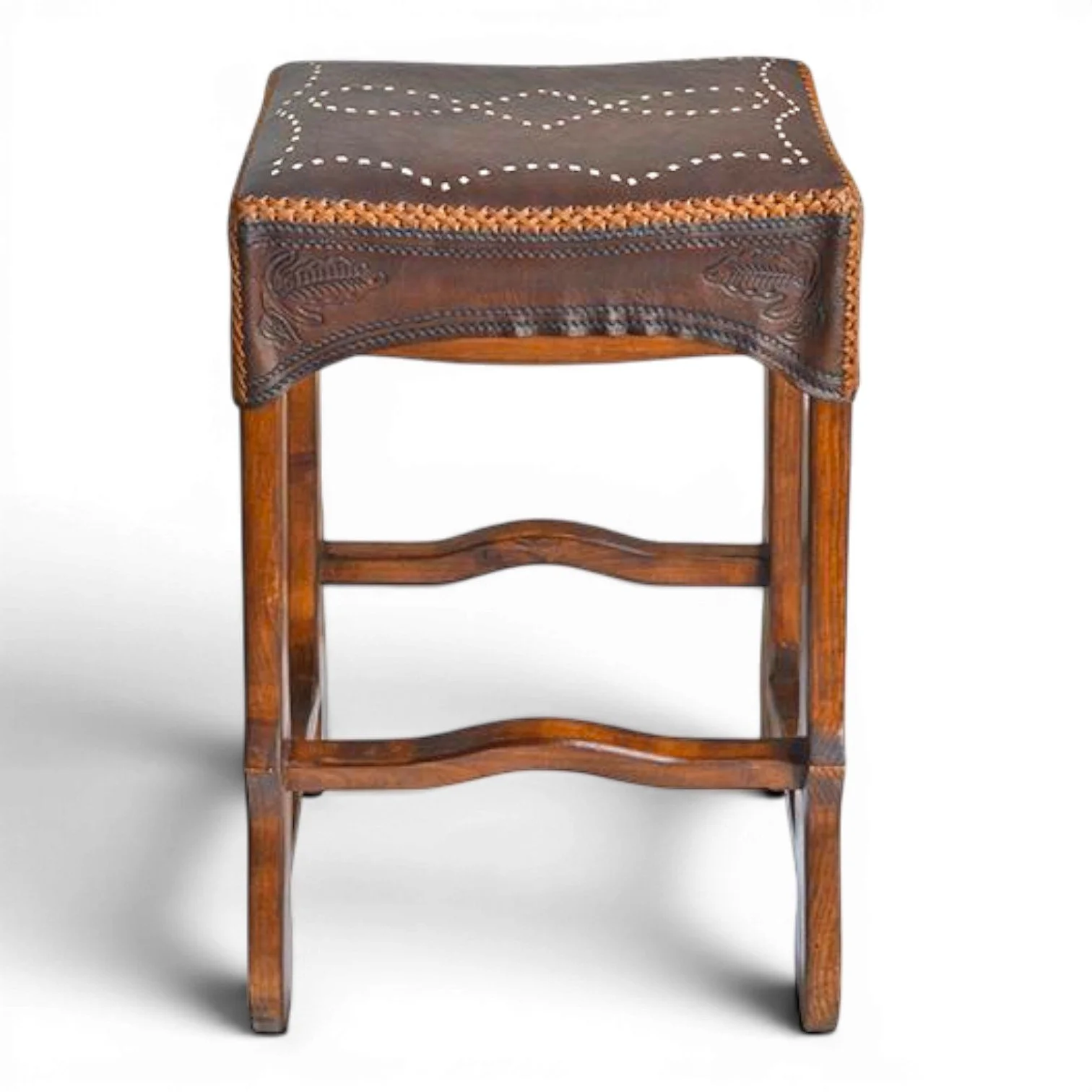 Handmade Durango stitched leather saddle stool with genuine leather seat and solid wood frame crafted in Mexico.