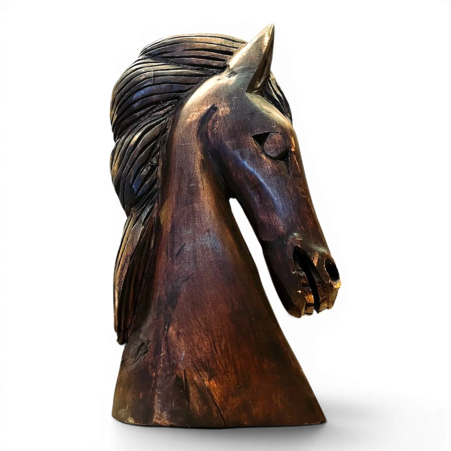 Hand carved Caballo de Madera large wooden horse sculpture from Mexico with rich dark stain and artisan detailing.