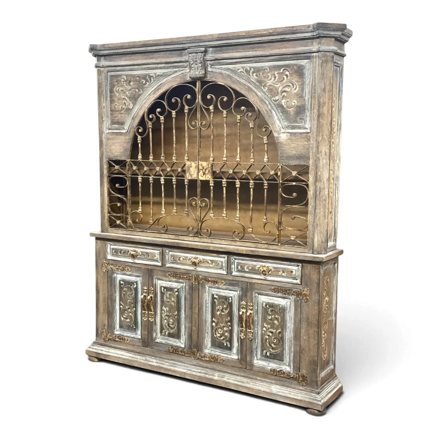 Handmade whitewashed buffet and hutch with wrought iron doors and carved scrollwork