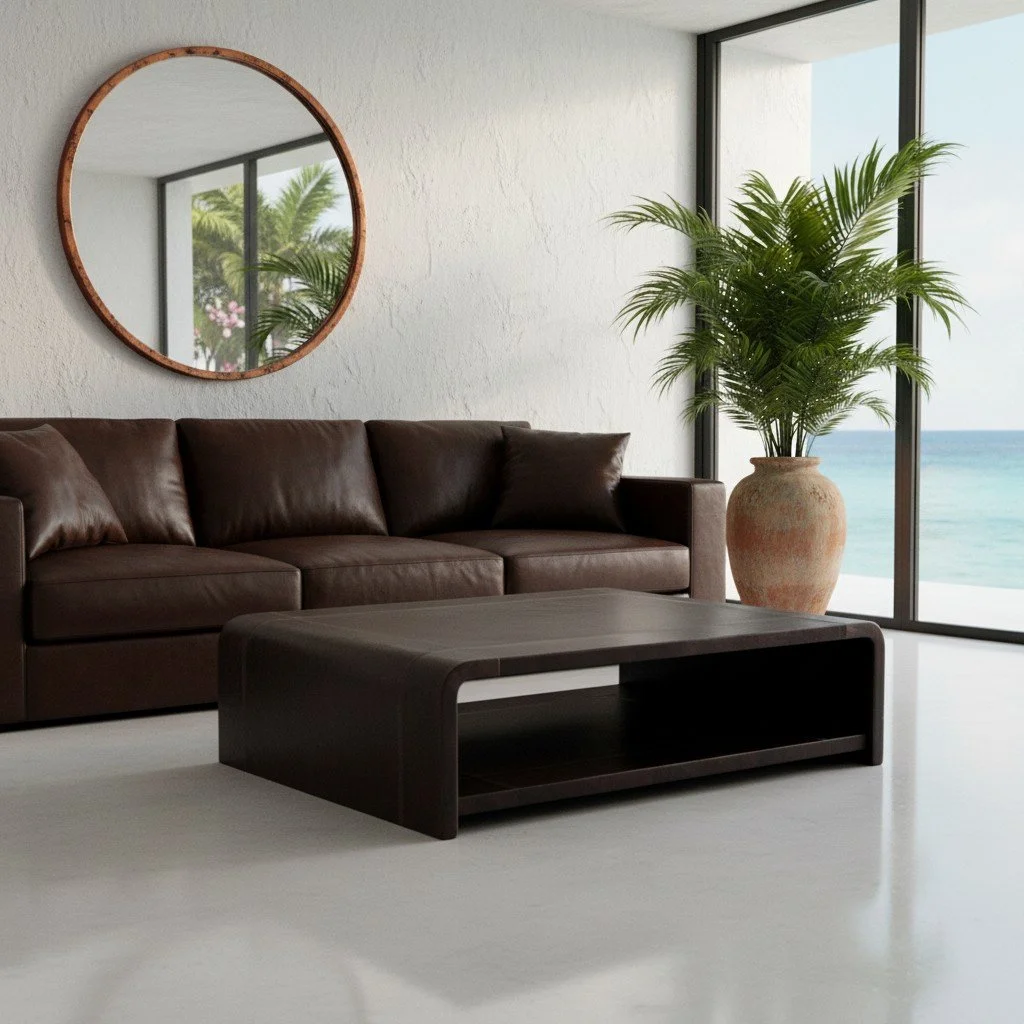 Handmade leather coffee table in chocolate brown with smooth finish and open shelf