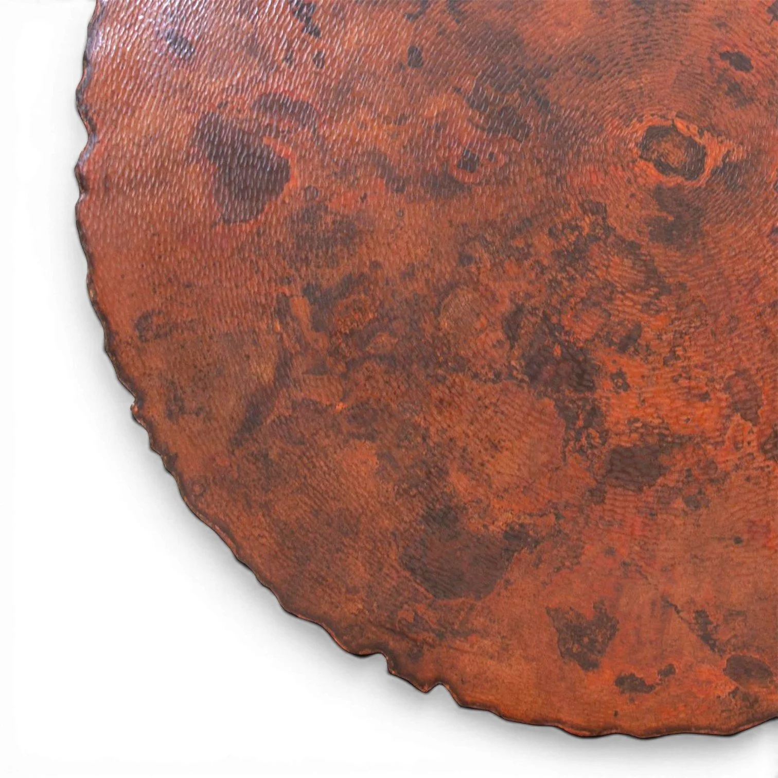 Handmade Camarena Cobre round dining table with hand-pounded copper top and dark wood base crafted in Mexico.