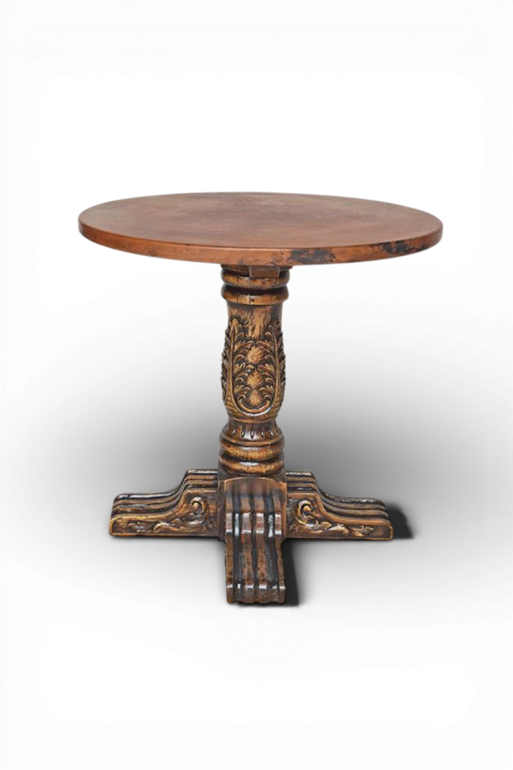 Shop a handmade copper bar table from Mexico. Solid wood base with hand-pounded copper top for rustic luxury entertaining spaces.