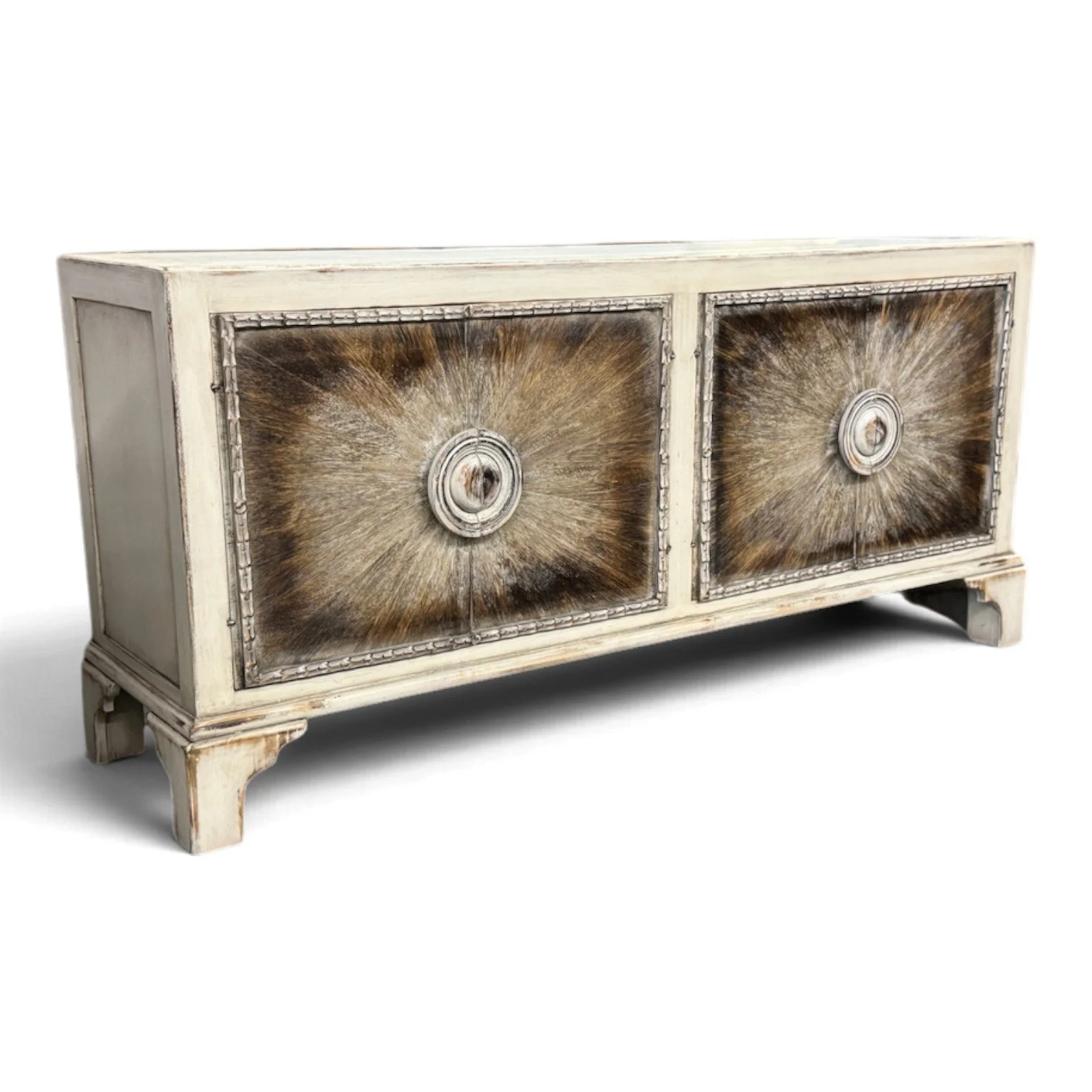 Handmade wood sideboard with hand-painted hide-textured cabinet doors