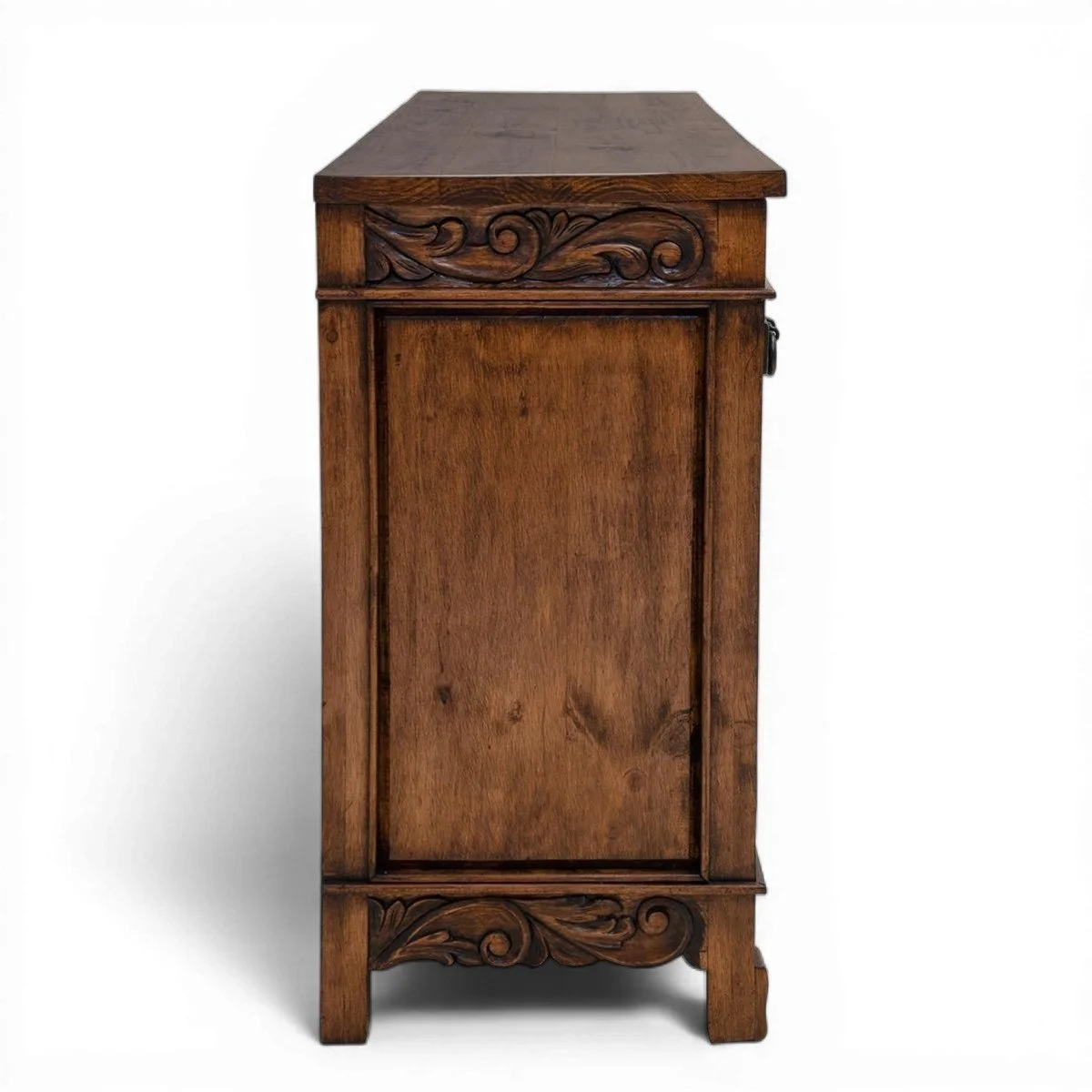 Handmade Las Cuevas Especial dark rustic buffet with hand-carved details and iron hardware crafted in Mexico.