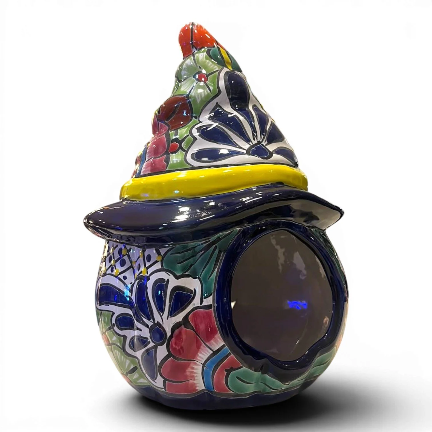 Handmade Mexican Talavera jack-o’-lantern with witch hat and hand-painted Halloween design