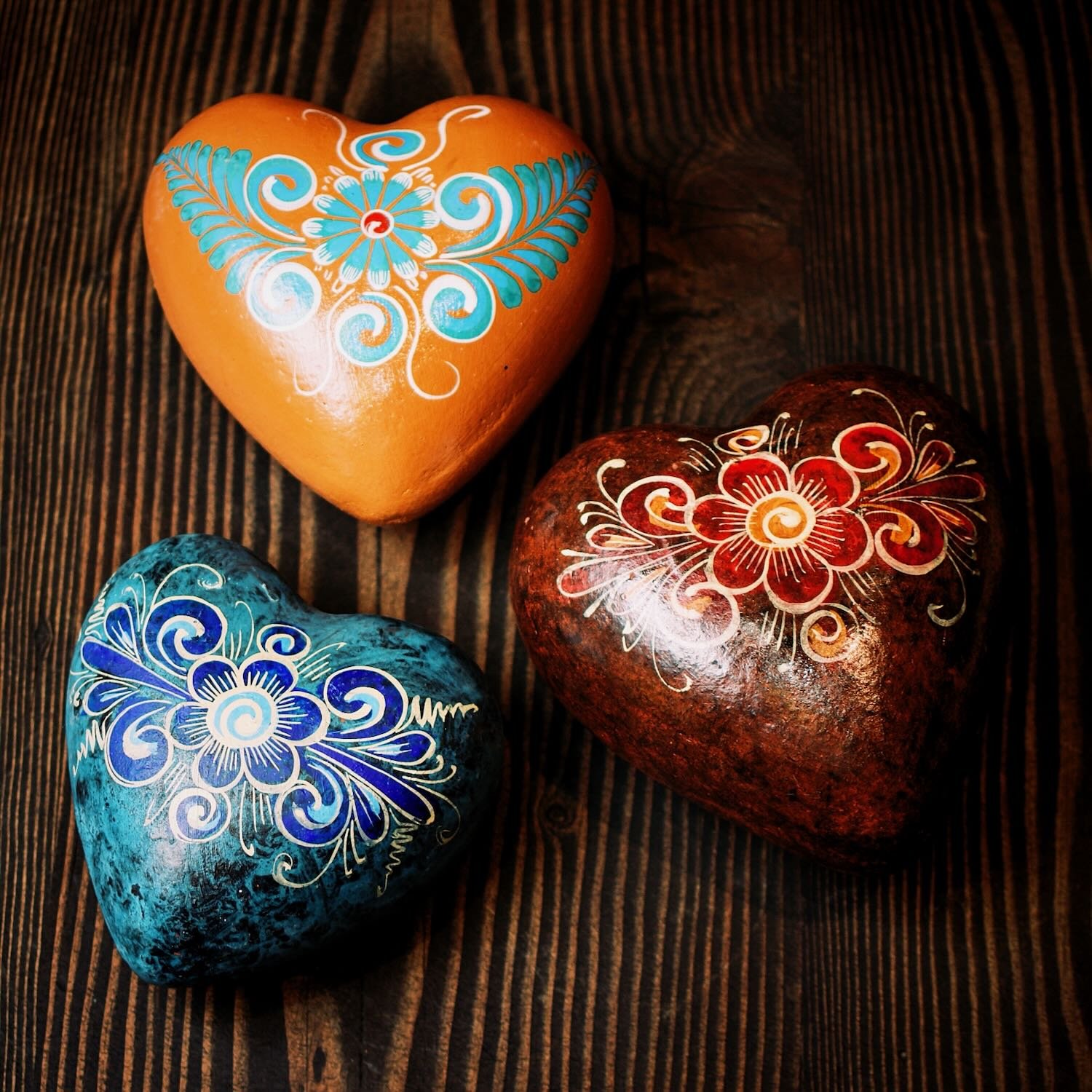 Painted and handmade clay hearts from Mexico