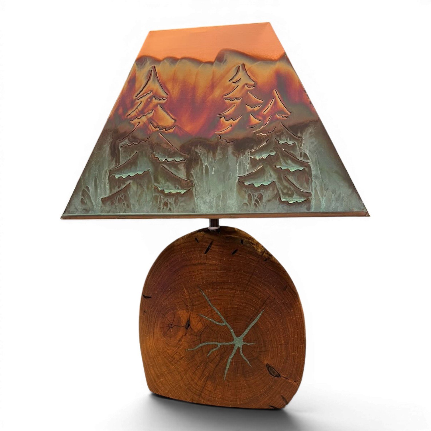 Handmade Mezquite y Cobre table lamp with solid copper shade, mesquite wood base, and turquoise inlay.