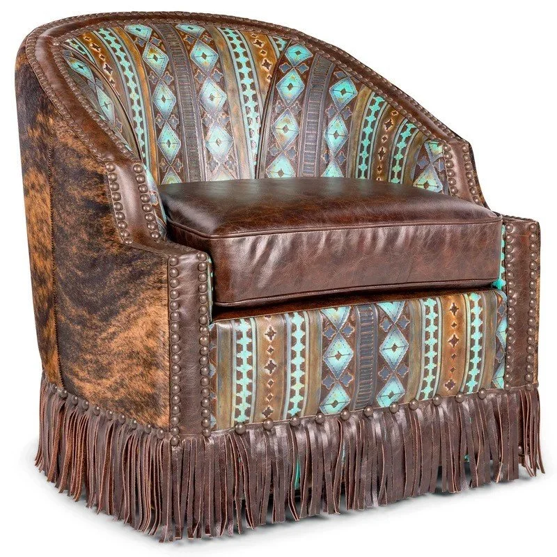 The Santa Fe Western Leather Swivel Chair features New Mexico-inspired design, brindle cowhide back, fringe accents, and smooth swivel functionality for refined Western comfort.
