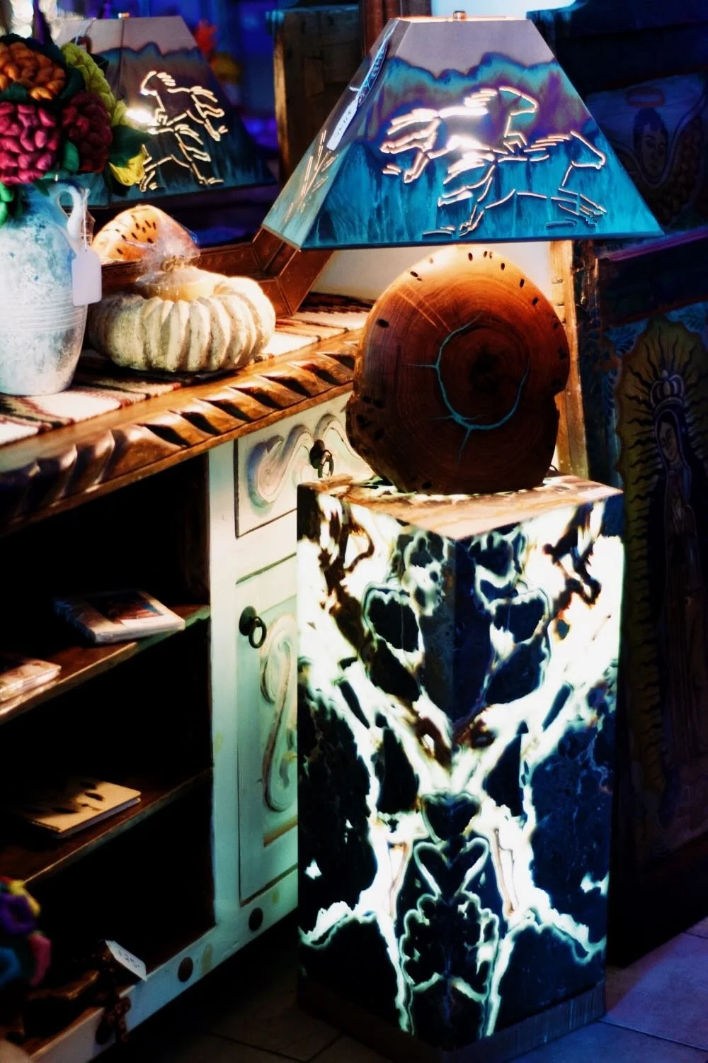 Large onyx and mesquite lamp with copper shade. 