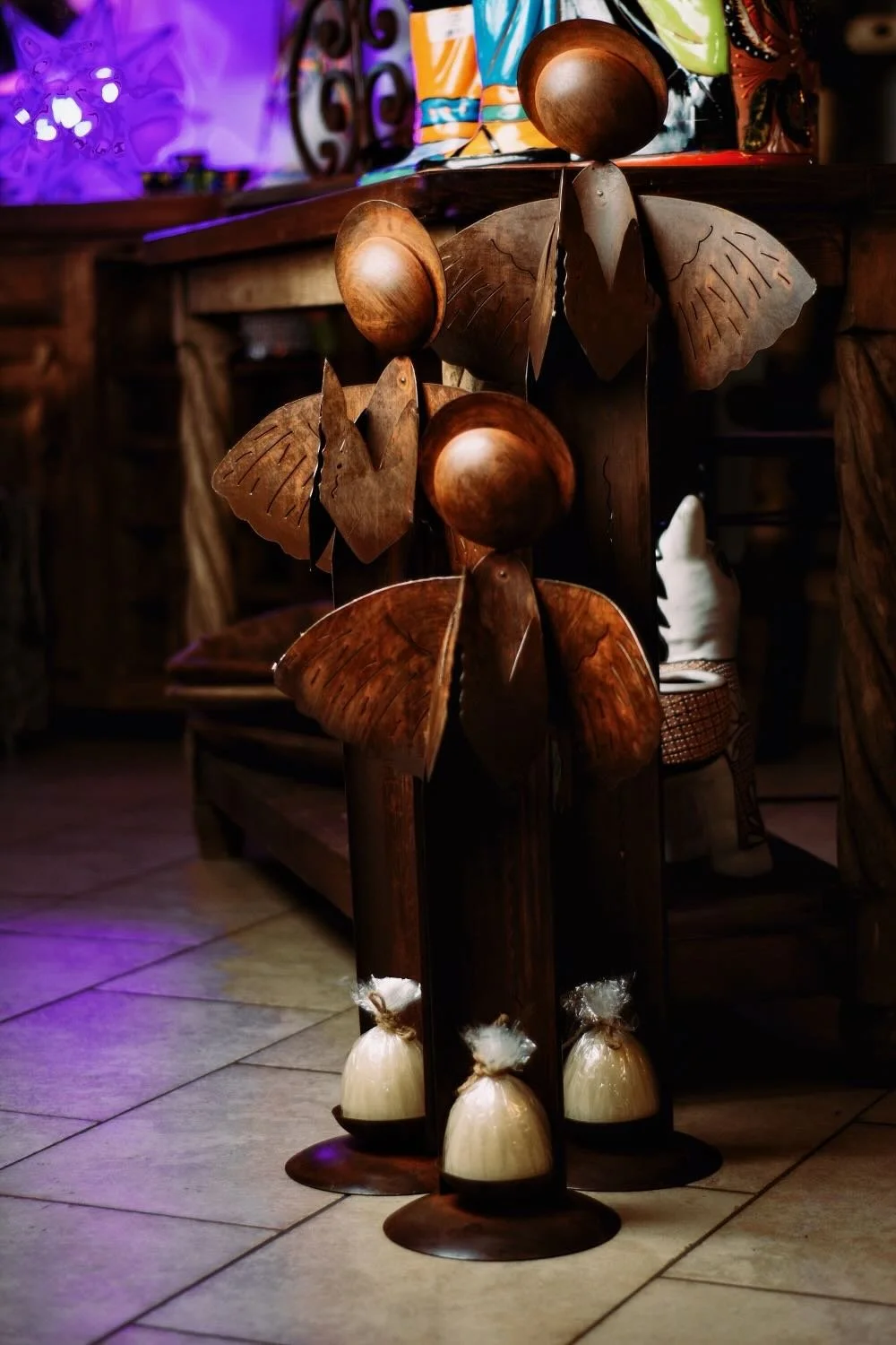 Iron angel candelabras from Mexico.
