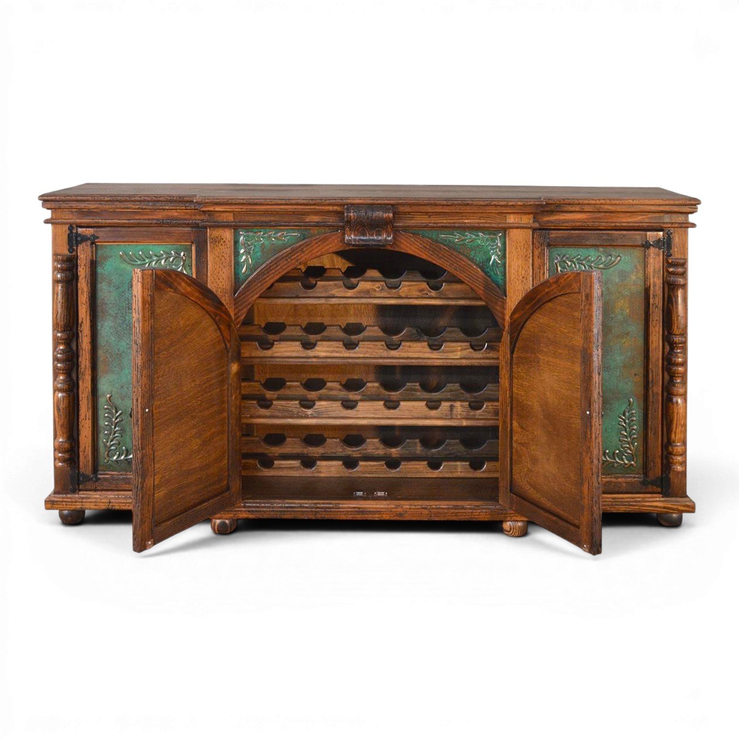 Handmade Zamora Copper Wine Cabinet with embossed green copper doors, hand-carved wood details, iron hardware, and rich dark stain finish.