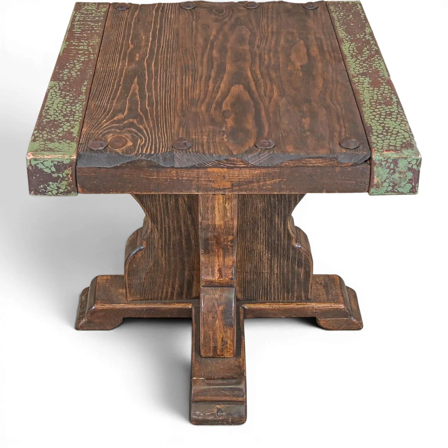 Handmade Amaya Cobre End Table with reclaimed wood construction, turquoise copper trim, and decorative iron clavos accents.