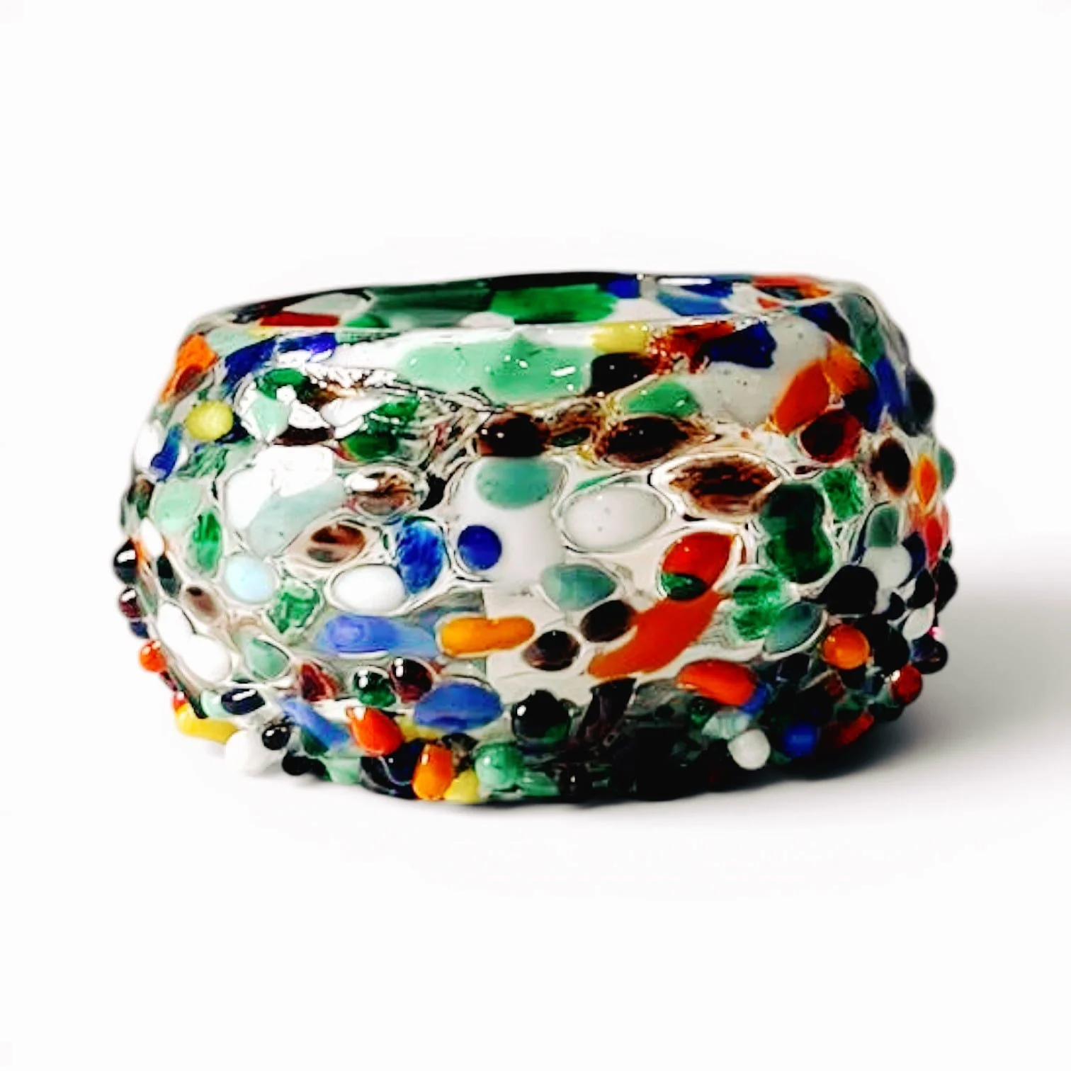 Handmade Mexican Copa de Cata para Mezcal confetti sipping glass with colorful textured artisan finish.