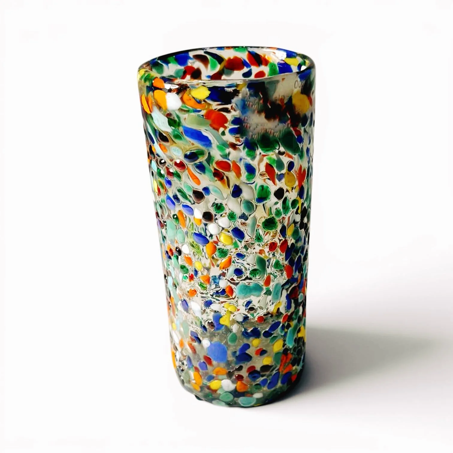 Handblown Mexican Guanajuato confetti Collins glass with colorful textured artisan finish.