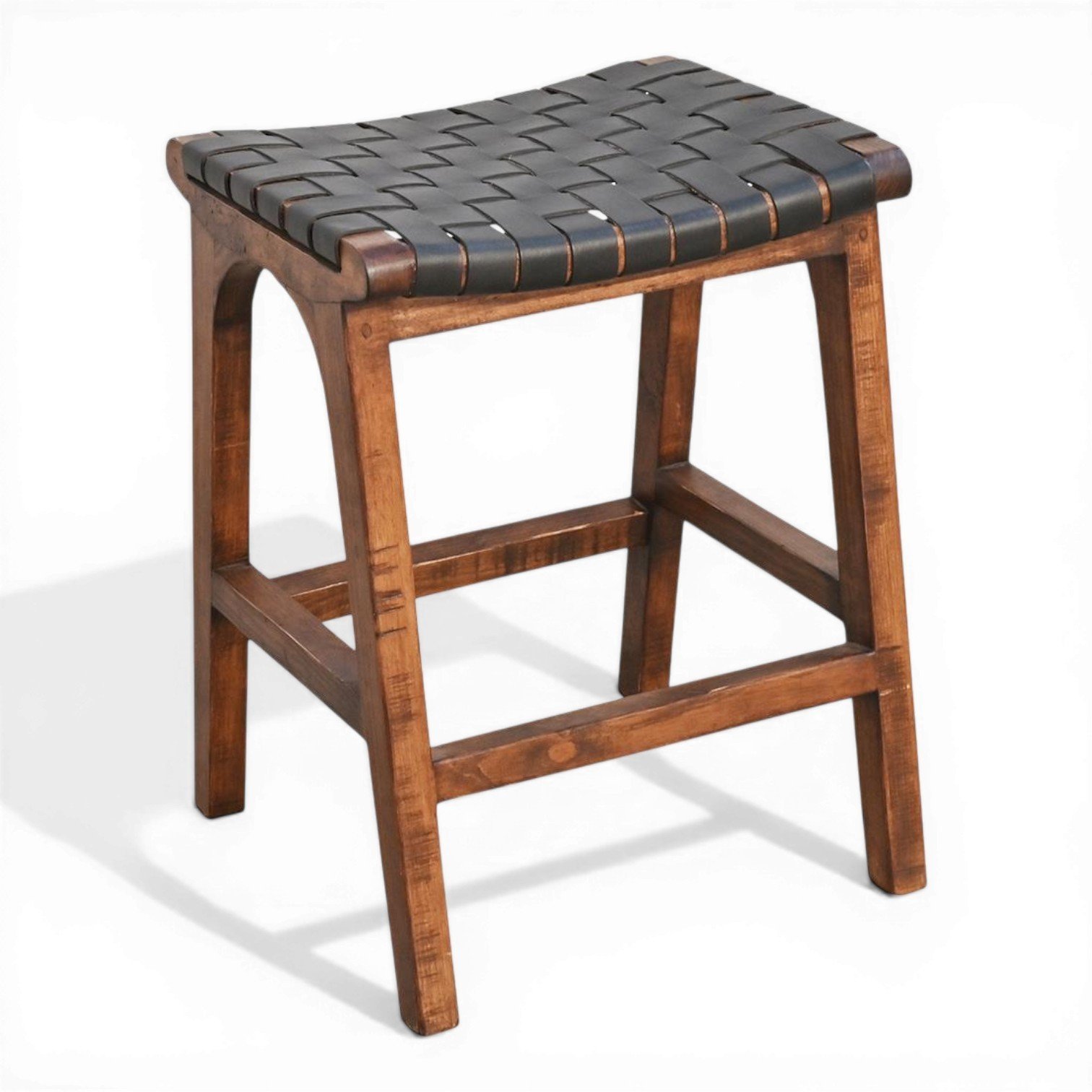 Handmade Cambria black crisscross leather bar stool with dark wood frame crafted in Mexico.