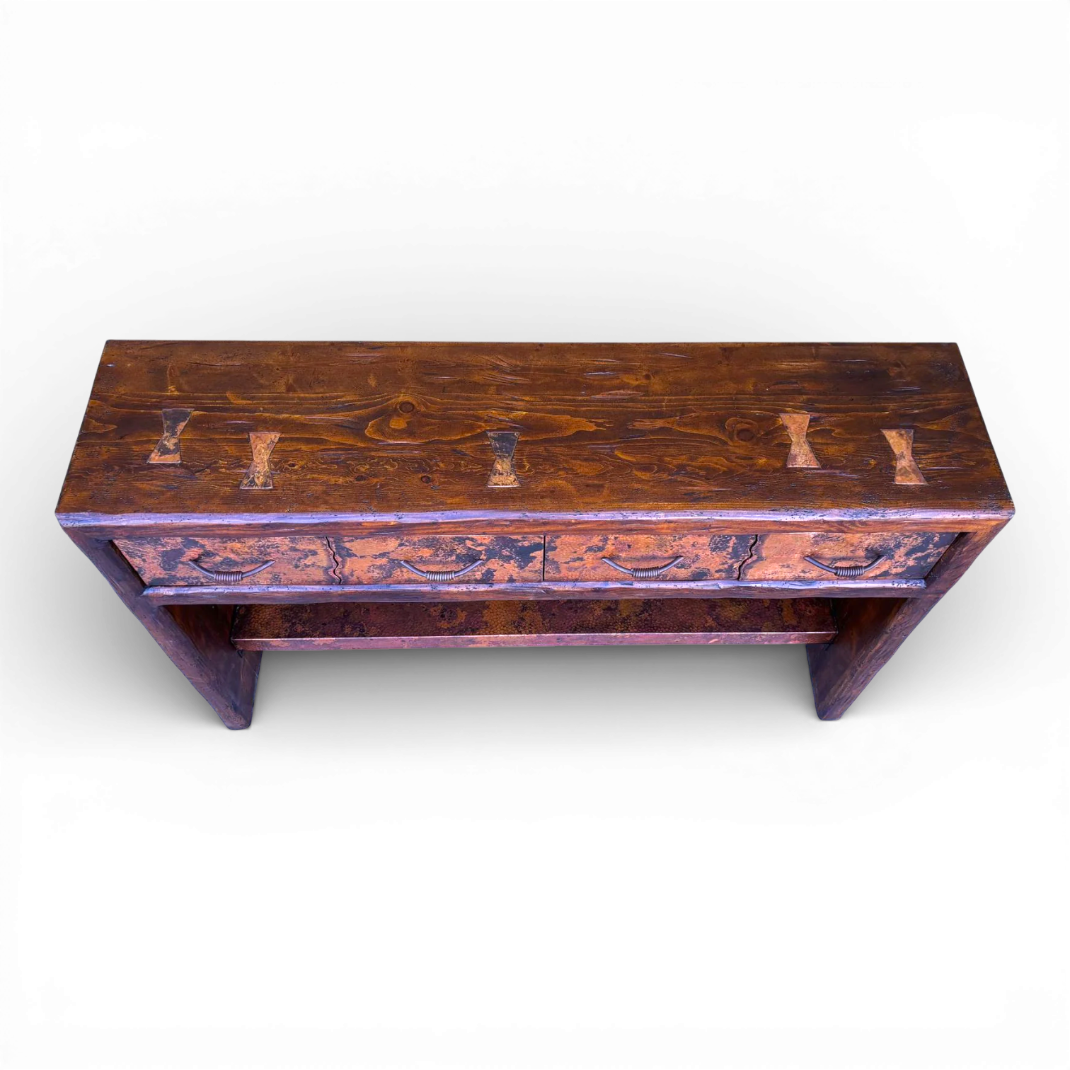 La Ballena Copper Sofa Table with Live Edge Drawers