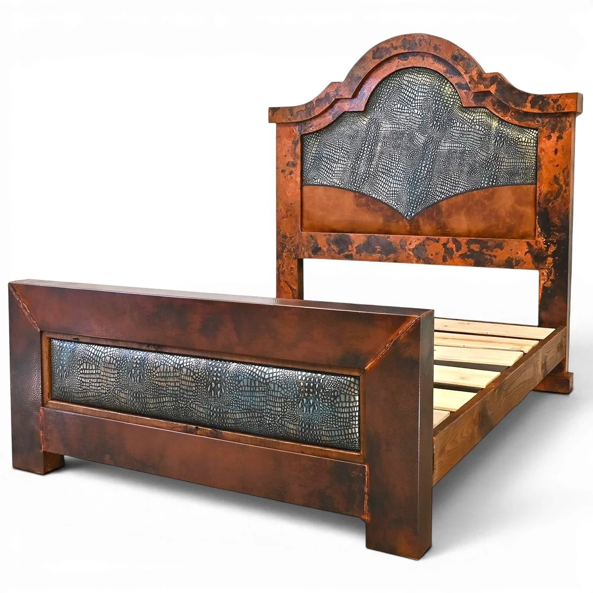 Luxury Chinook Hacienda Grande king bed with hand-pounded copper panels, croc leather accents, and arched headboard handcrafted in Mexico