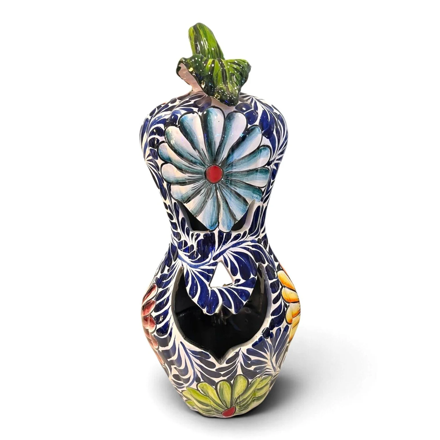 Handmade Talavera jack-o'-lantern gourd with hand-painted design and cutout for candlelight