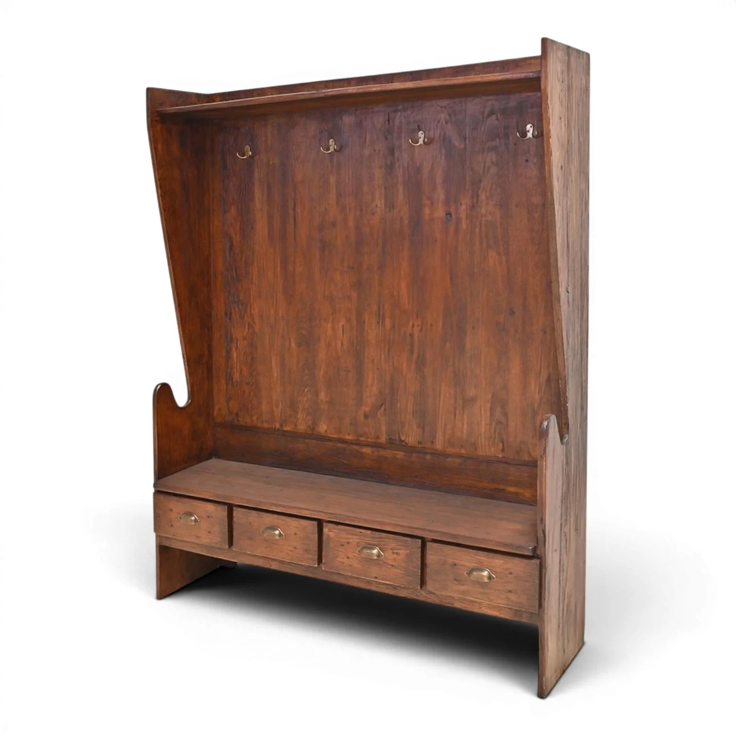Handmade Old West hall tree with rich dark wood finish, built-in bench, four storage drawers, and decorative iron hardware.