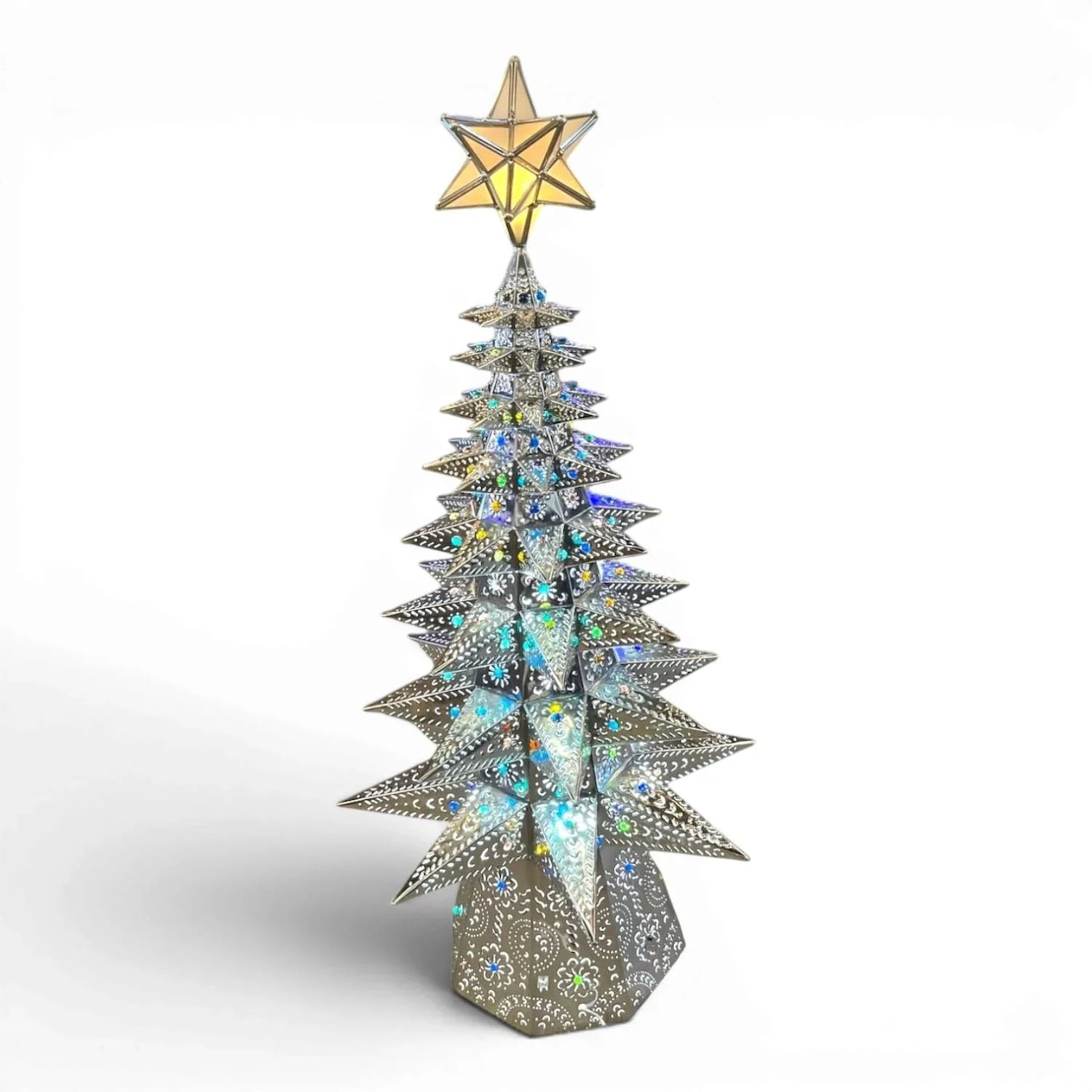 Traditional Lighted Silver Christmas Tree with Star and Colored Marbles