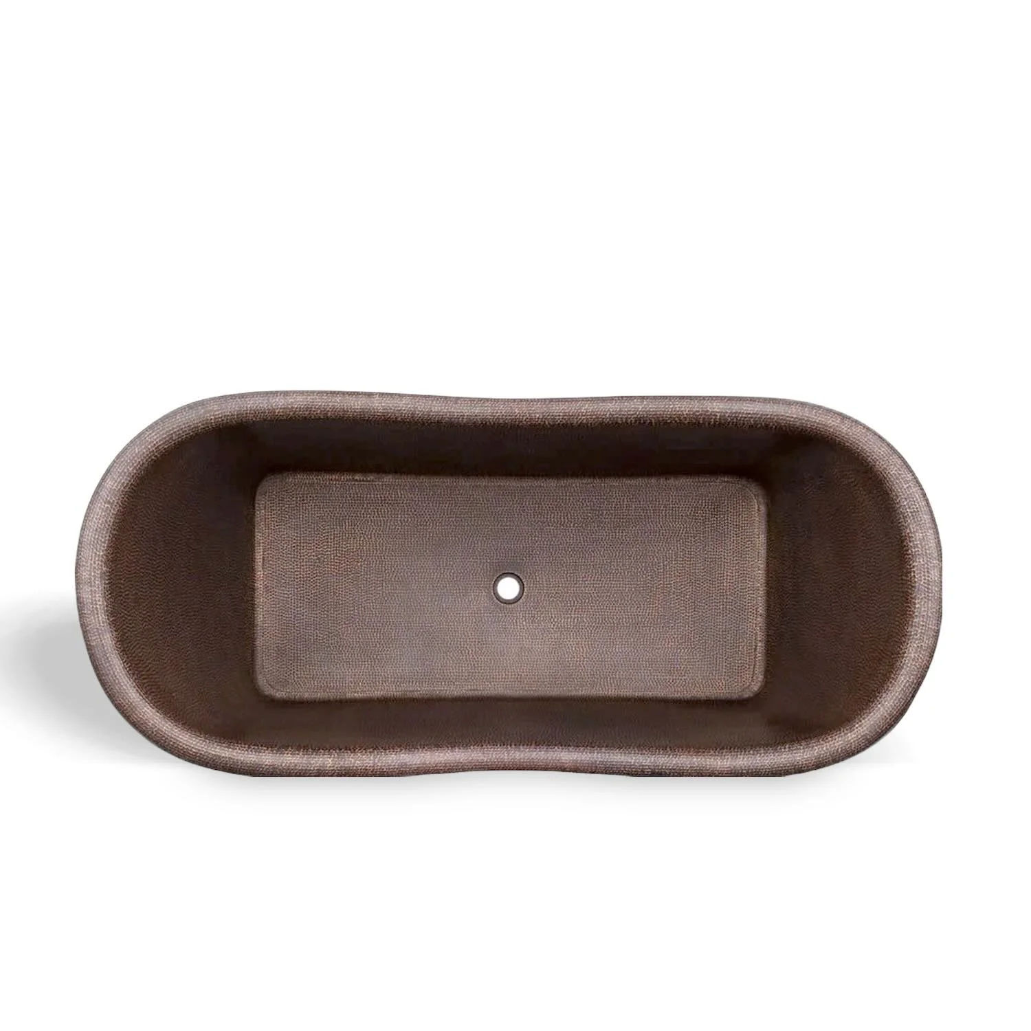 Handmade Hacienda 67-inch hammered copper rectangular bathtub with integrated towel bars and oil rubbed bronze finish.