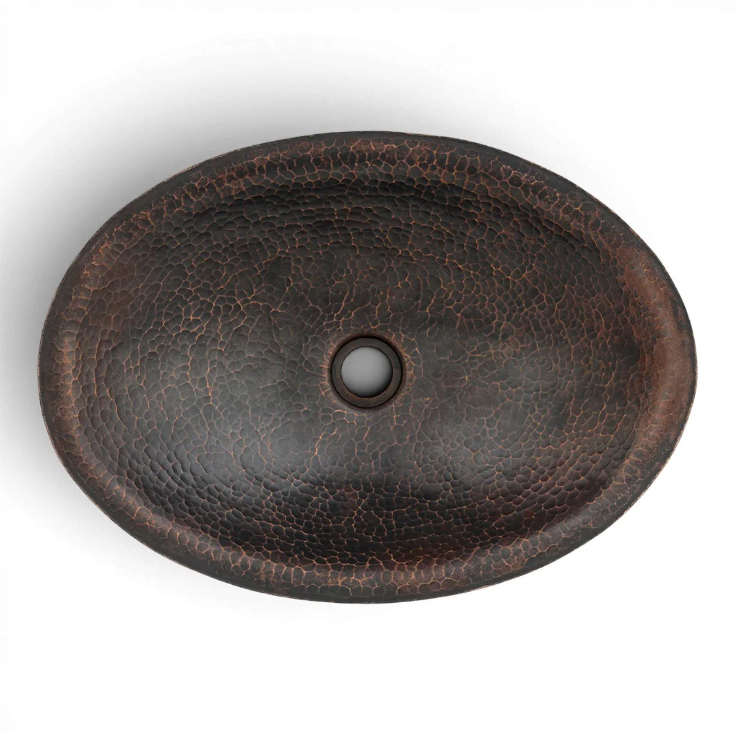 Hacienda Old World 20-inch oval hand forged hammered copper vessel sink with oil rubbed bronze patina.
