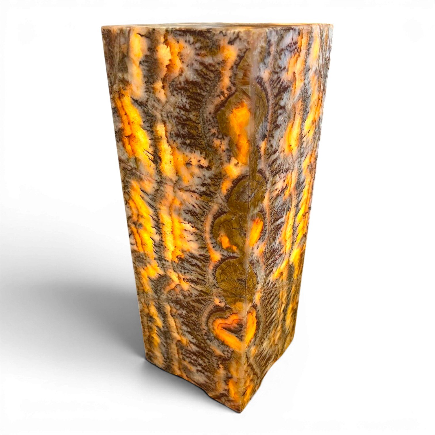 Handmade Mexican square onyx lamp with warm glowing natural stone for coastal luxury interiors