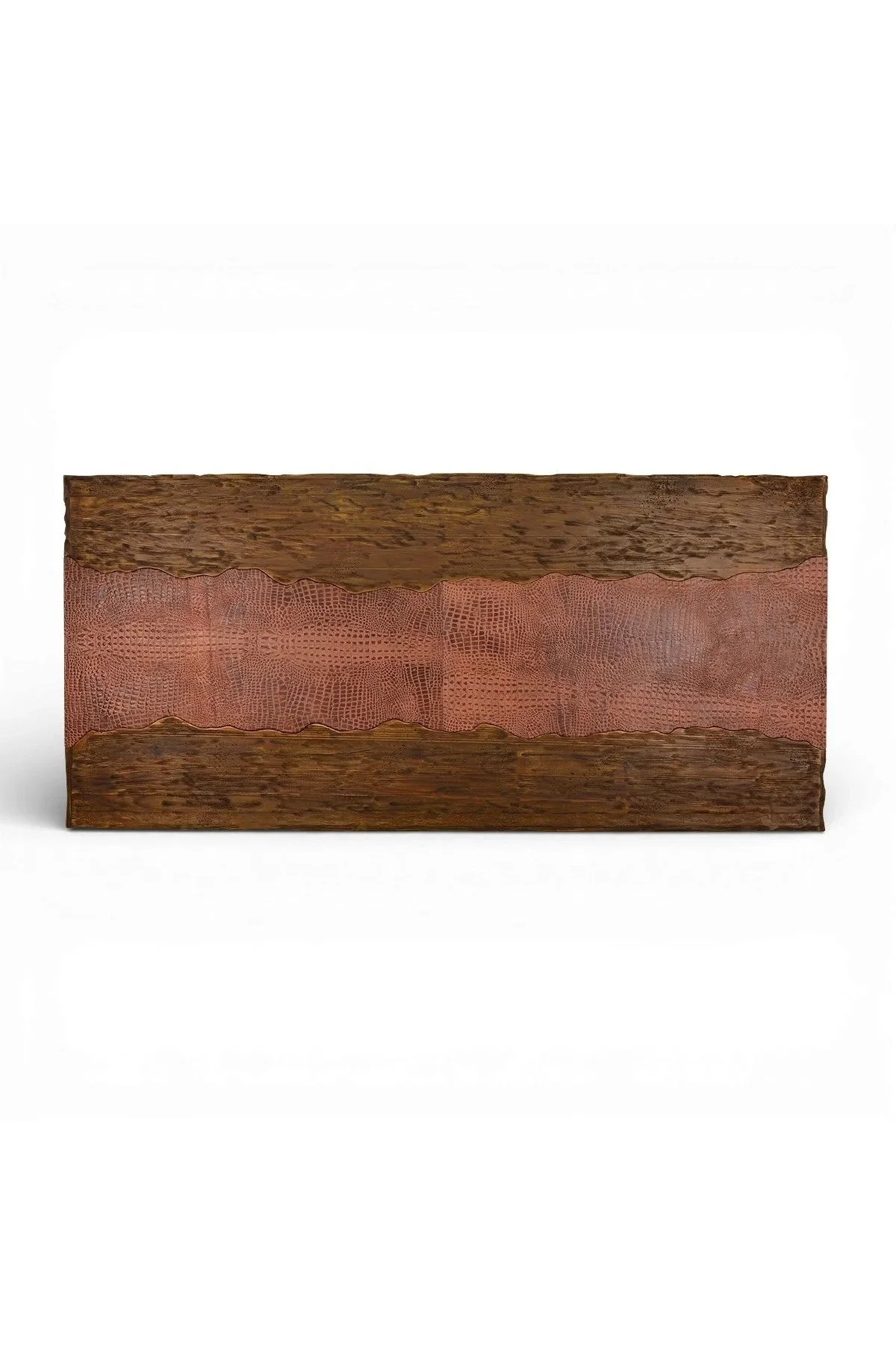 Shop a handmade leather dining table from Mexico. Rustic wood table with crocodile-embossed leather insert, perfect for luxury dining spaces.