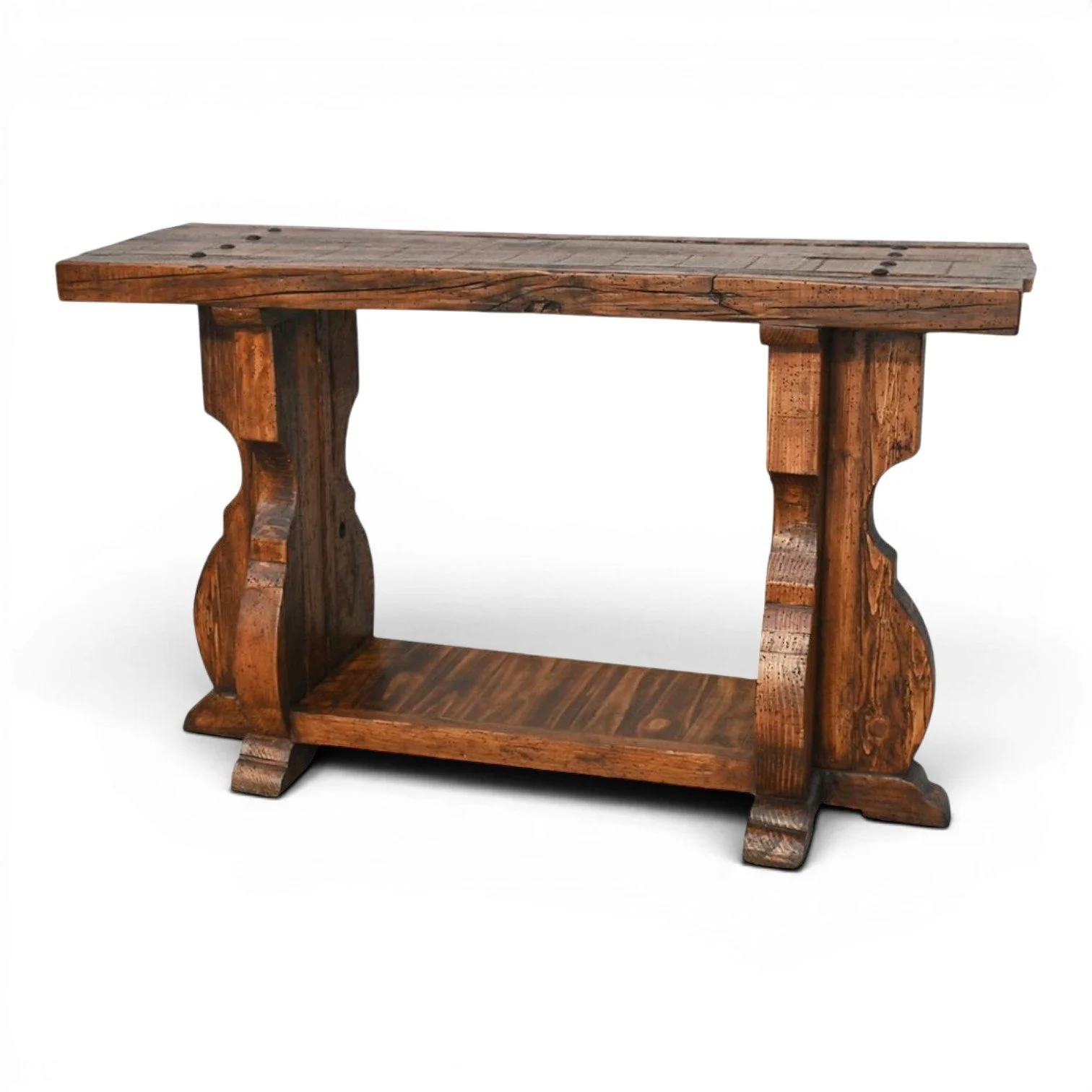 Handmade Cottonwood rustic Western sofa table with hand-carved details, clavos accents, rich dark wood finish, and open shelf.
