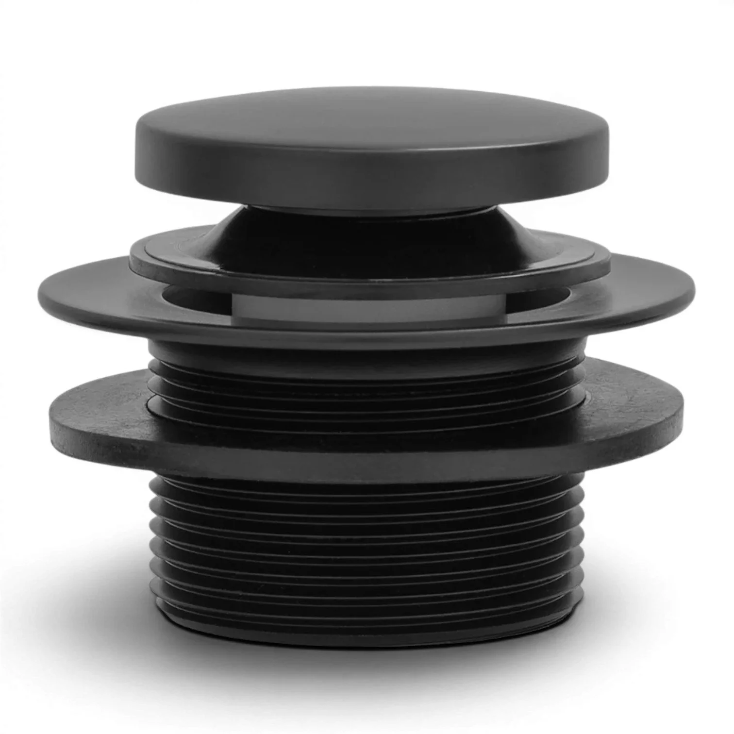 Solid brass tub drain trim with two-hole overflow cover and push pop toe-click operation for bathtub installations. Matte Black