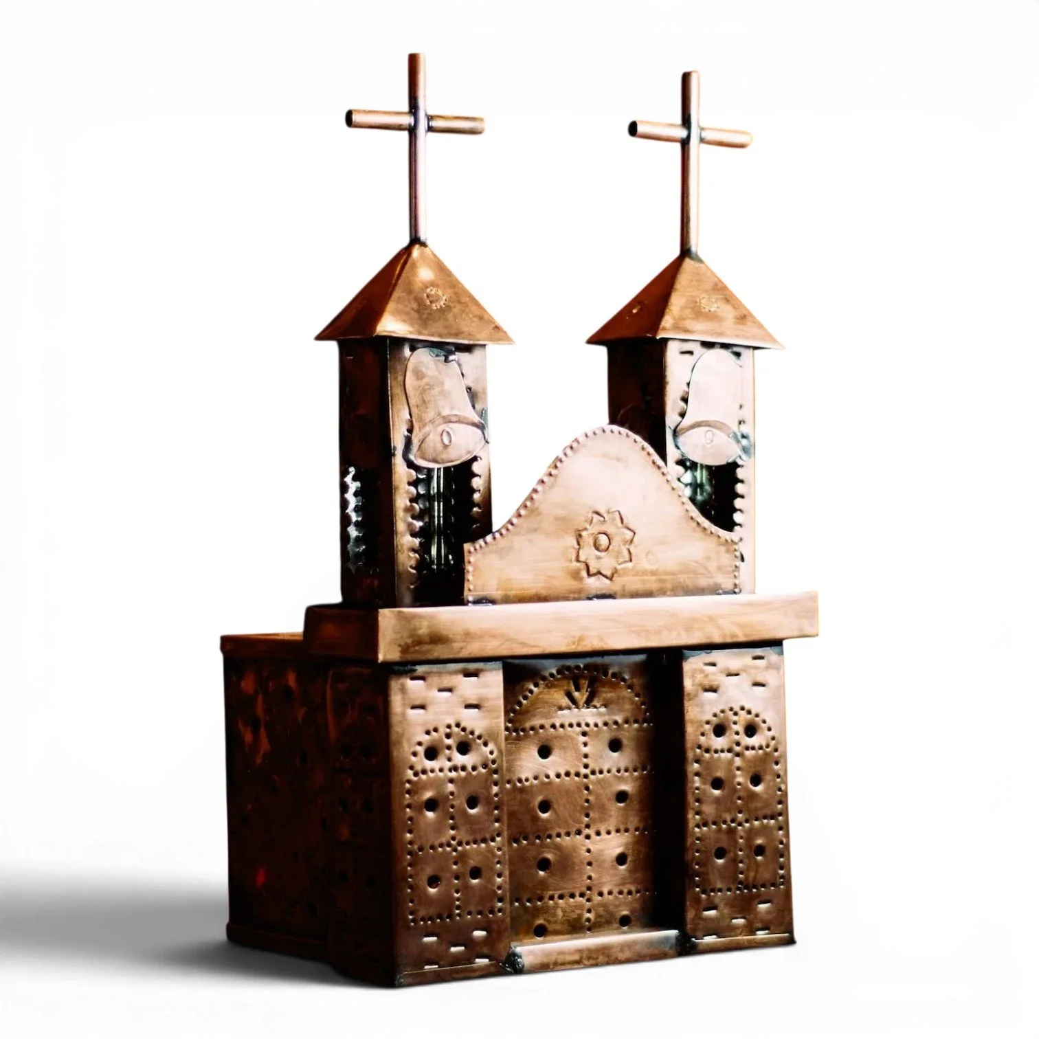 Handmade Mission Bronze Luminaria lantern with church-inspired punched tin design crafted in Mexico.