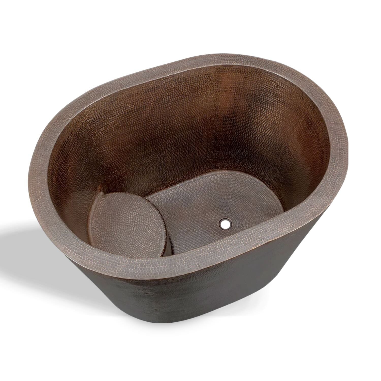 Handmade Hacienda 48-inch hammered copper oval Japanese soaking tub with built-in copper seat and oil rubbed bronze finish.