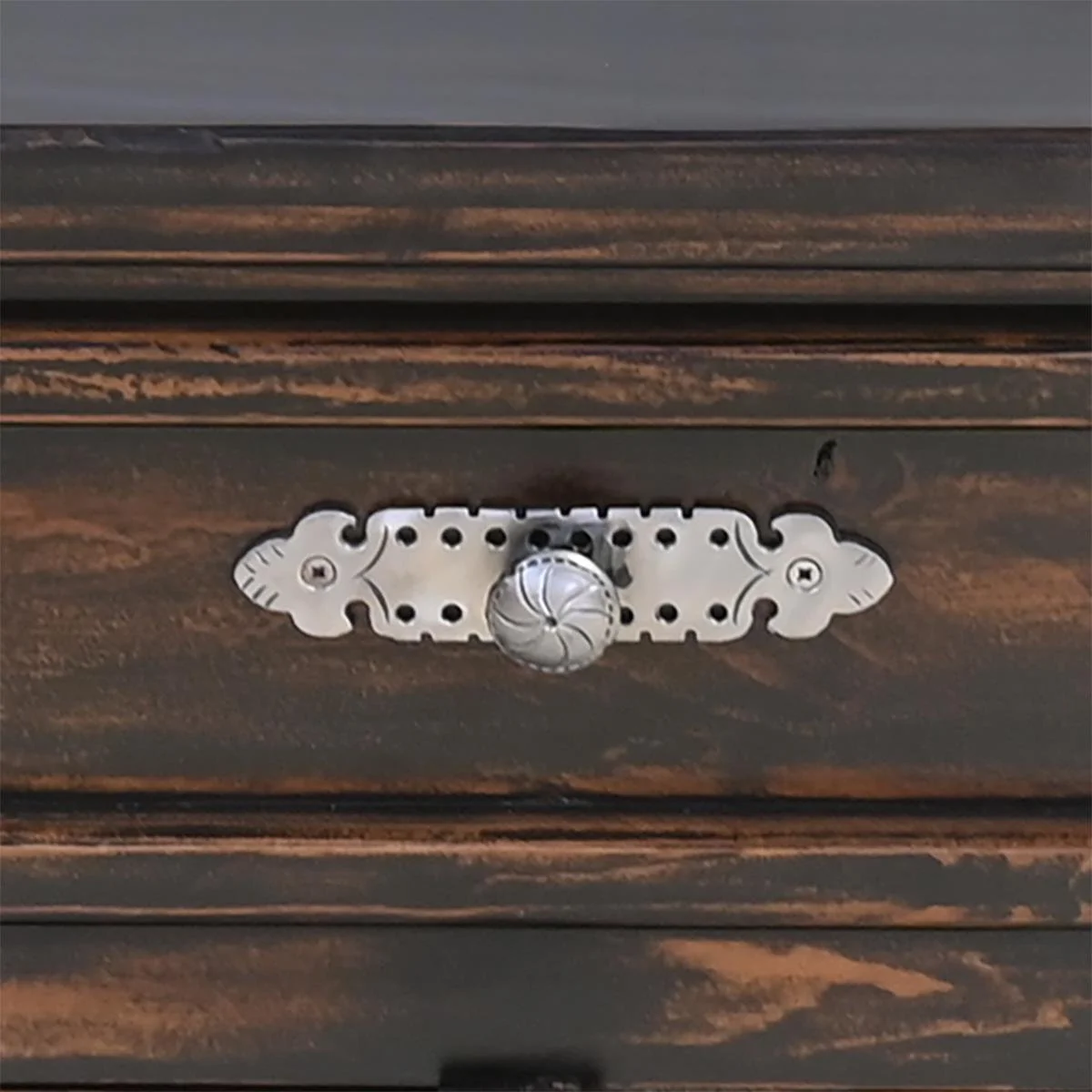 Handmade Mexican Arenas Negras chest with black washed finish and iron hardware