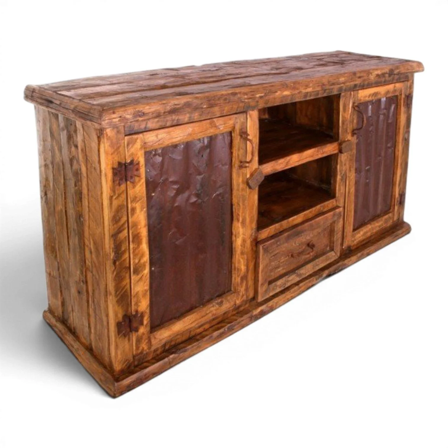 Handmade Mexican reclaimed wood TV console with aged metal panel doors and iron hardware