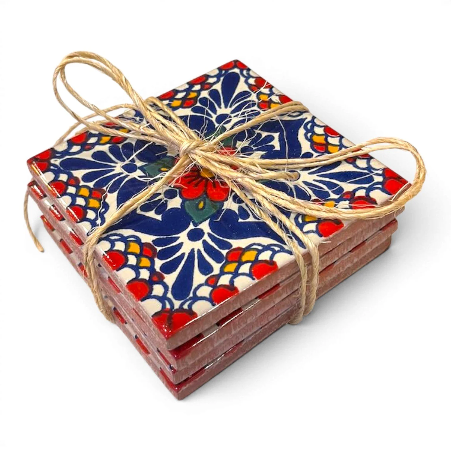 Set of four colorful Talavera tile coasters with hand-painted Mexican pottery designs