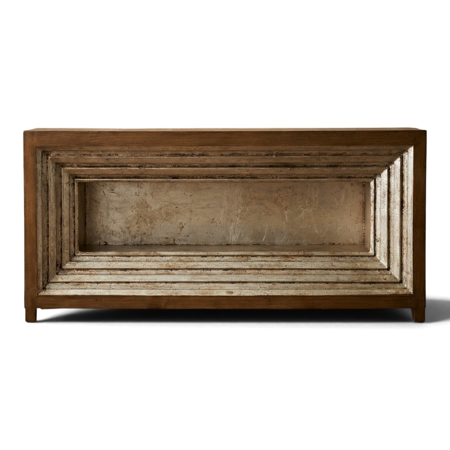 Handmade wood console table with silver-copper metallic detailing