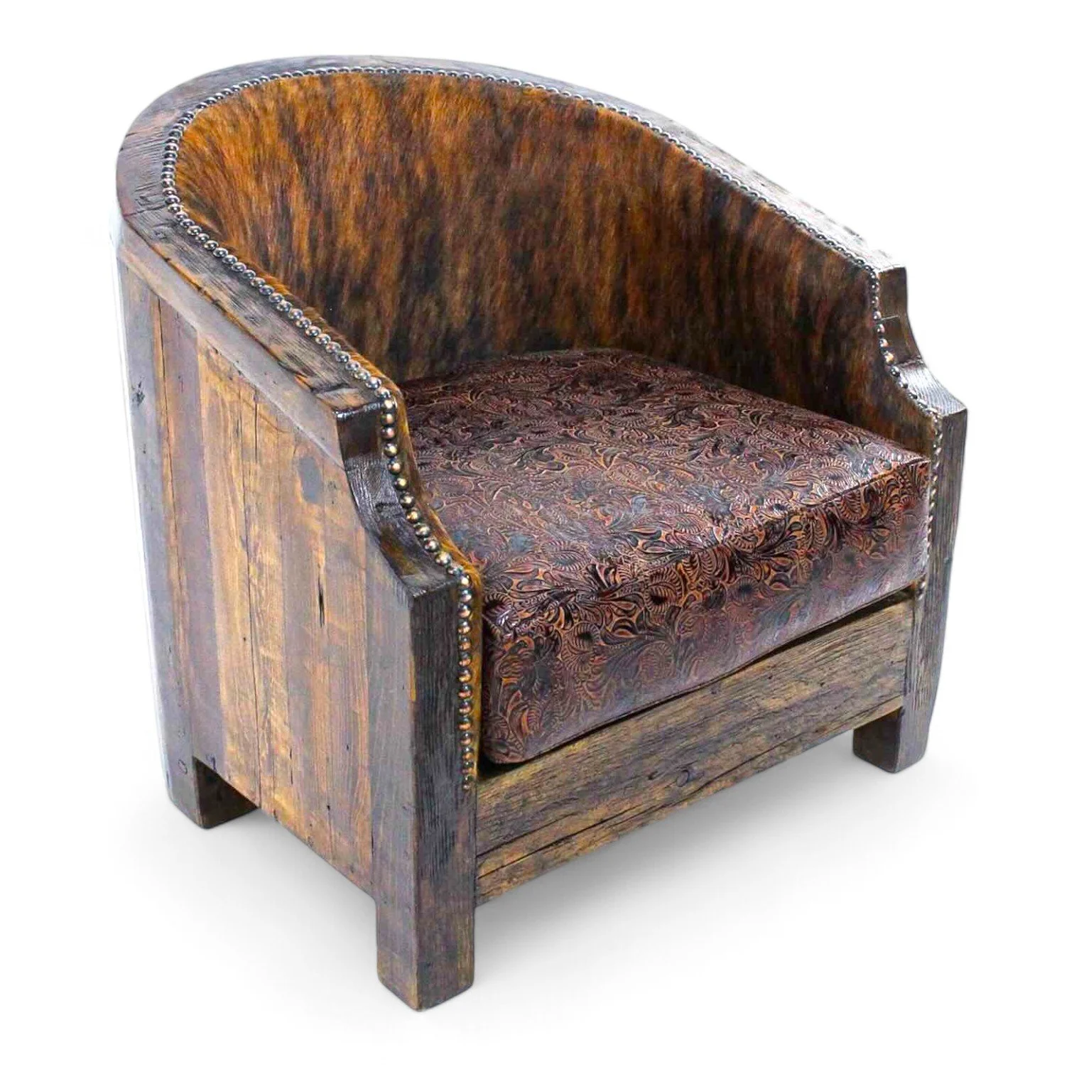 Handmade Mexican reclaimed wood barrel chair with premium leather upholstery