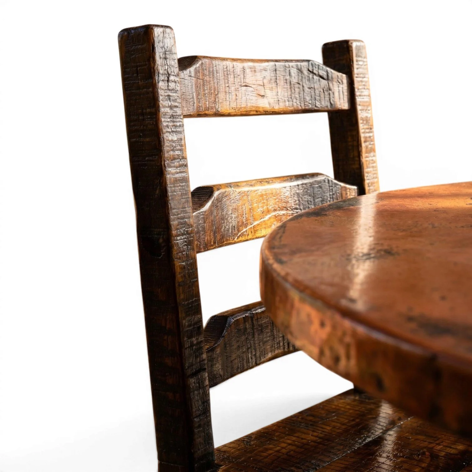 Handmade Mexican round copper dining table with hand-carved reclaimed wood pedestal base
