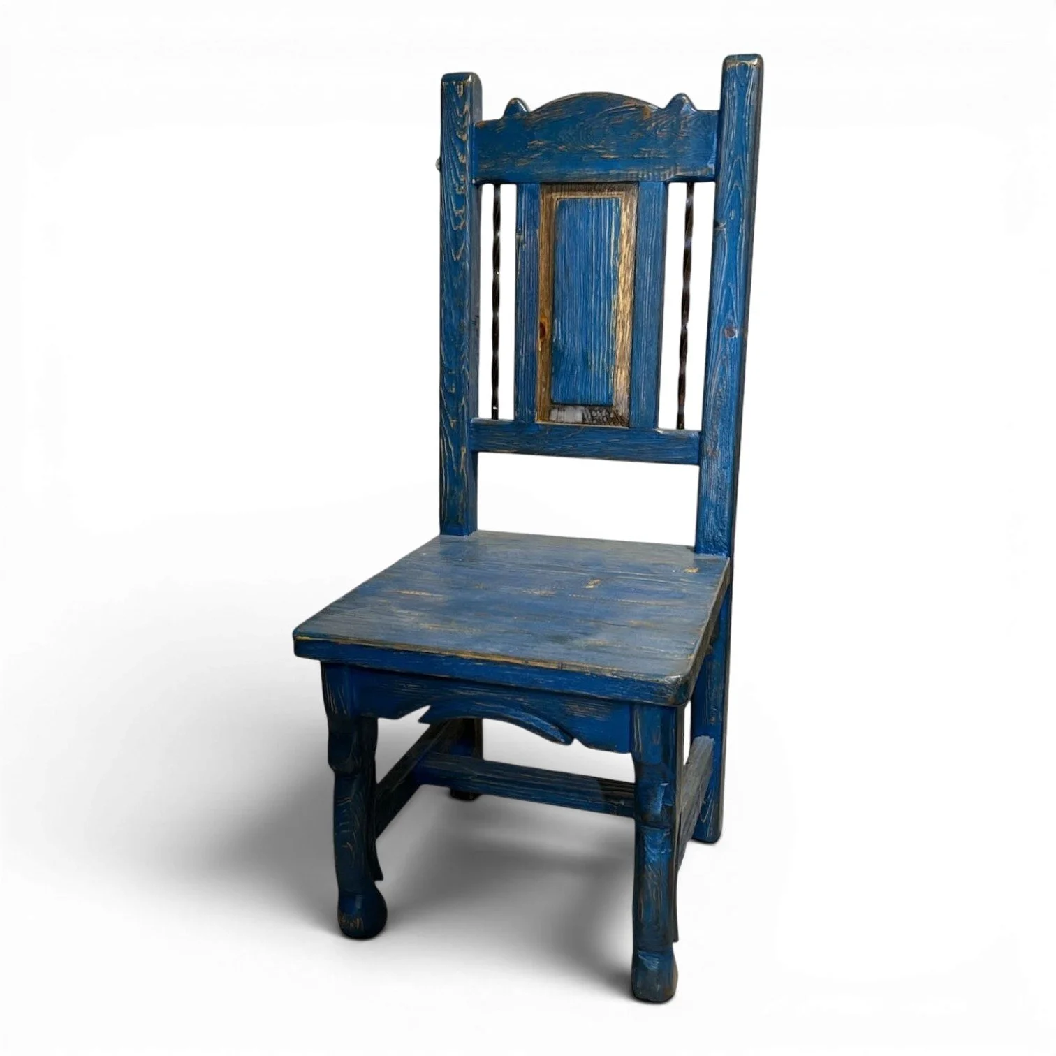 Silla Veracruz handcrafted Mexican reclaimed wood dining chair with twisted iron backrest and hand-carved details
