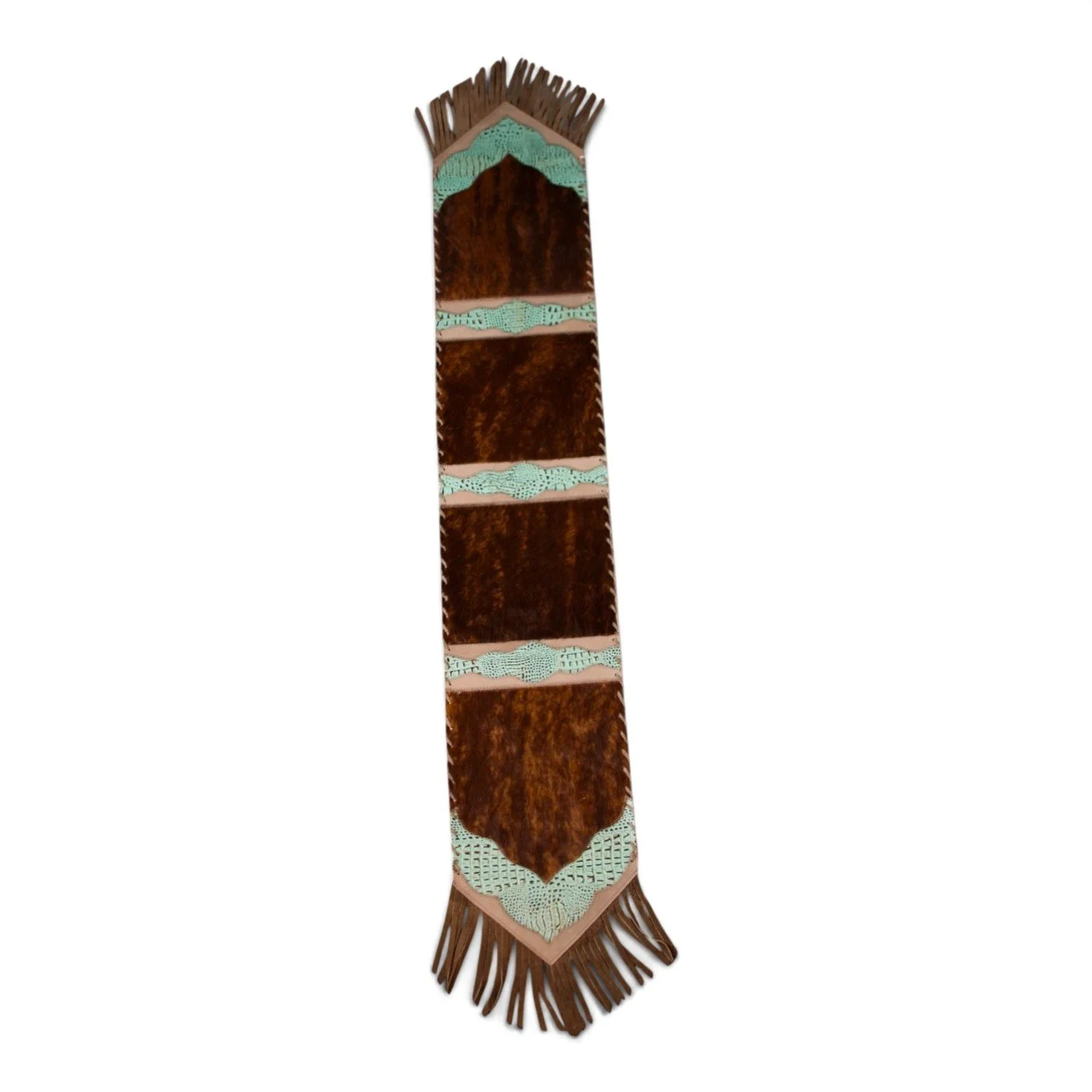 Handmade Brazilian cowhide table runner with tooled leather and fringe