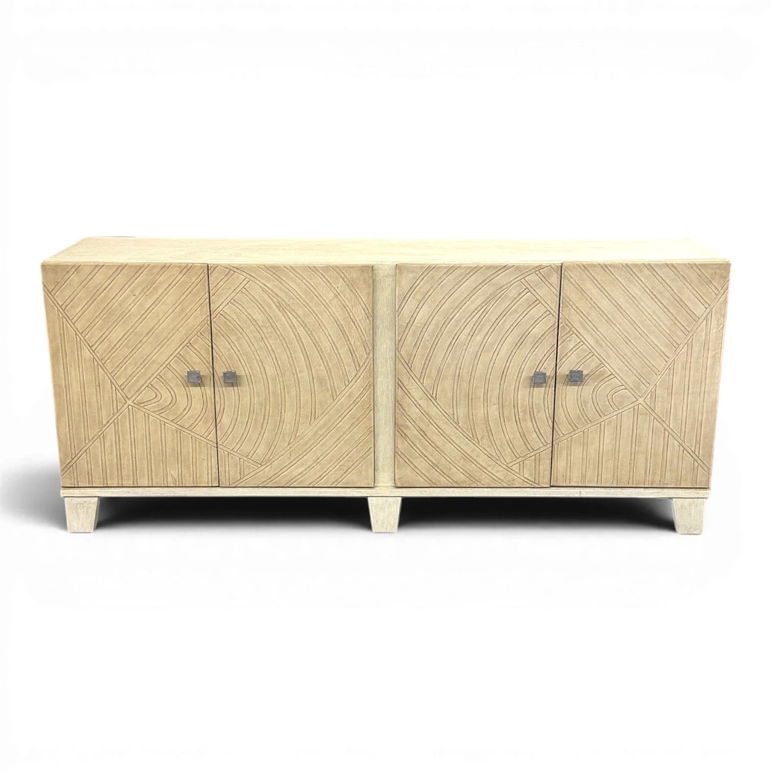 Handmade wood buffet with cream leather doors and carved geometric pattern