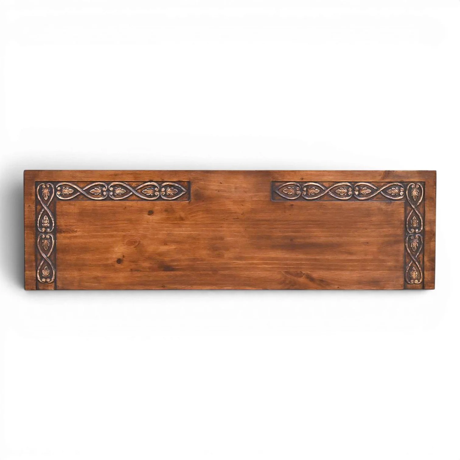 Handmade Belle Plain Western sofa table with hand-carved details, three drawers, two open shelves, and decorative iron hardware.