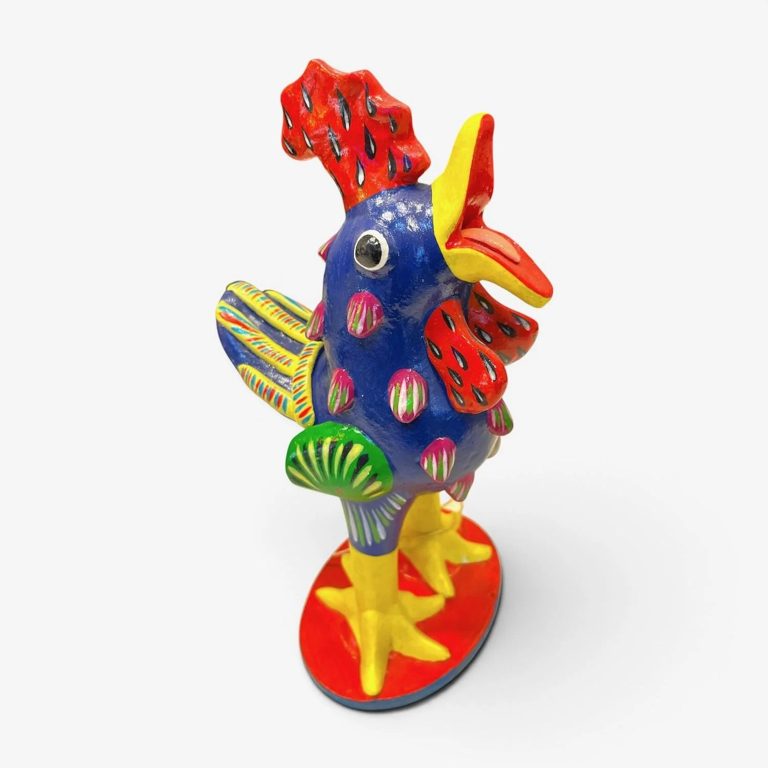 Signed handmade 11-inch cobalt blue clay rooster by Mexican folk artist Gerardo Ortega from Tonalá, Jalisco.