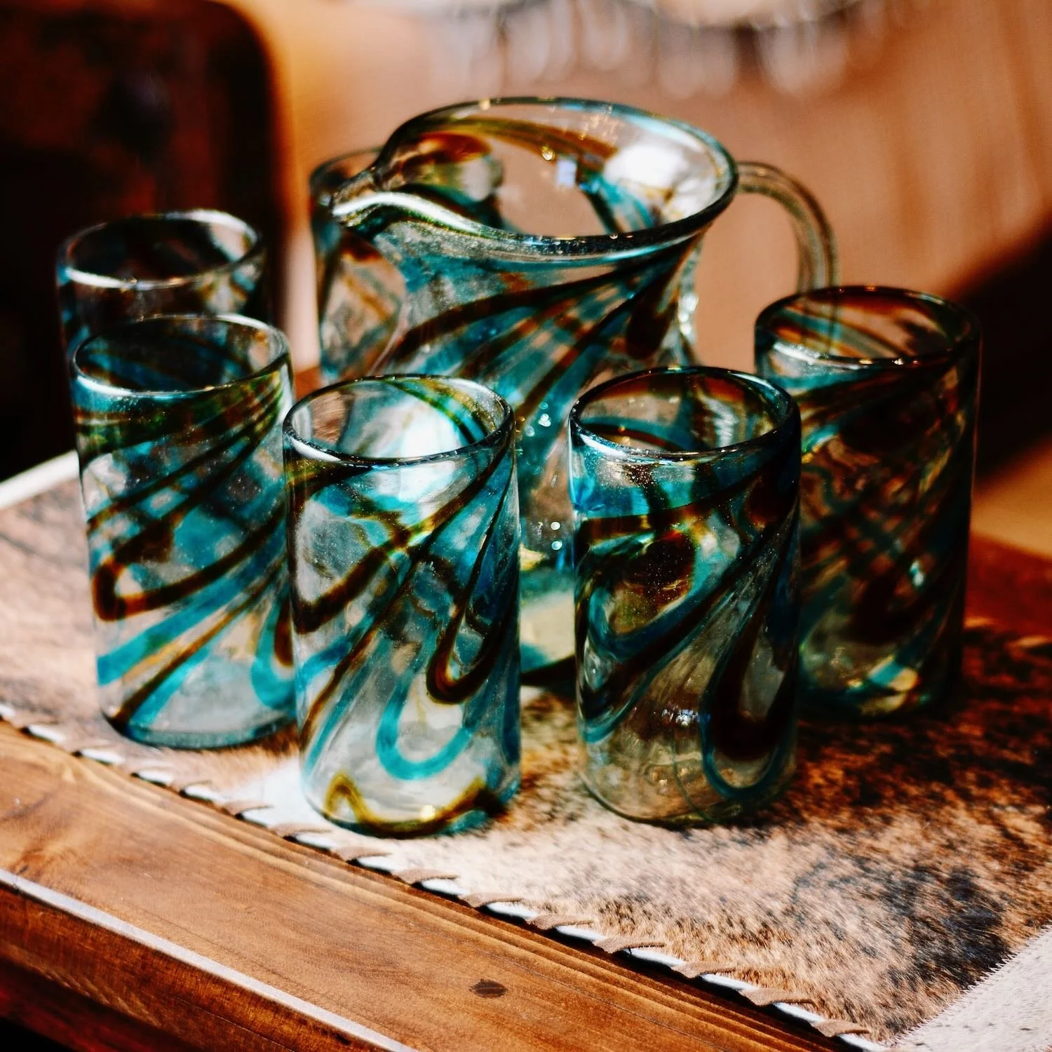 Turquesa y Oro Handblown Pitcher & Glassware Set