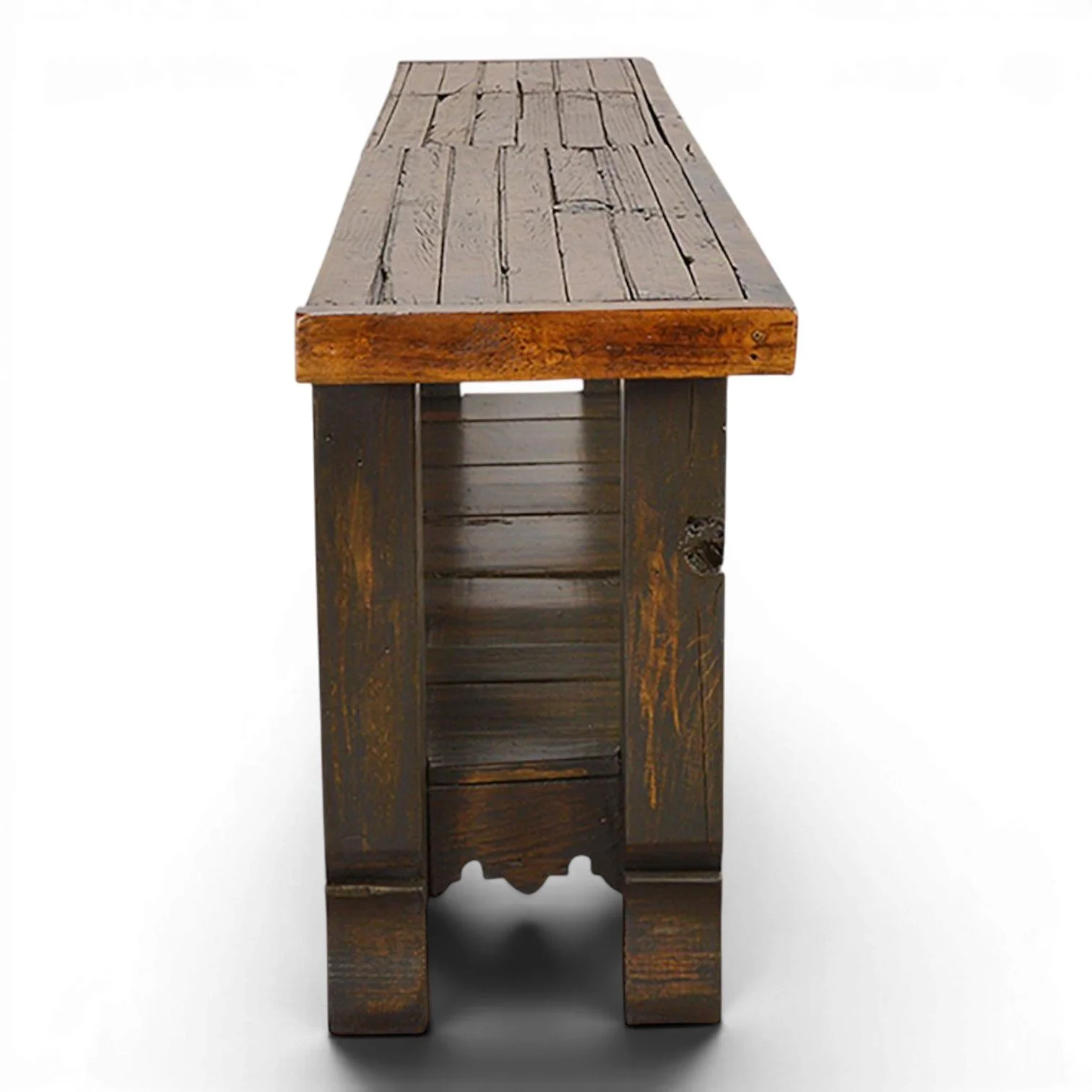 Handmade Mexican Rio Grande console table with distressed black finish, hand-carved details, iron hardware, and open shelf