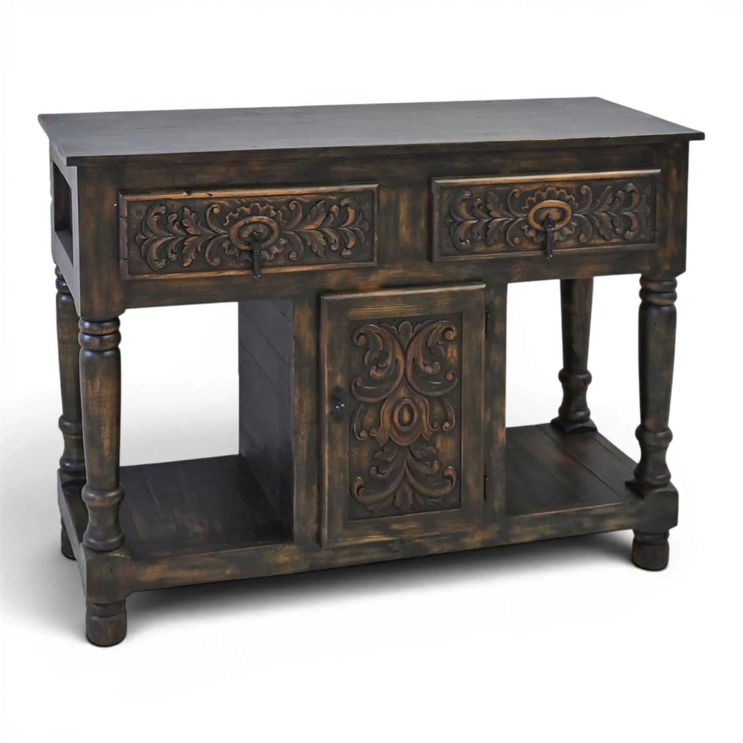 Handmade Mexican Alvarado accent cabinet with black wash finish, hand-carved details, iron hardware, drawers, cabinet, and open shelves