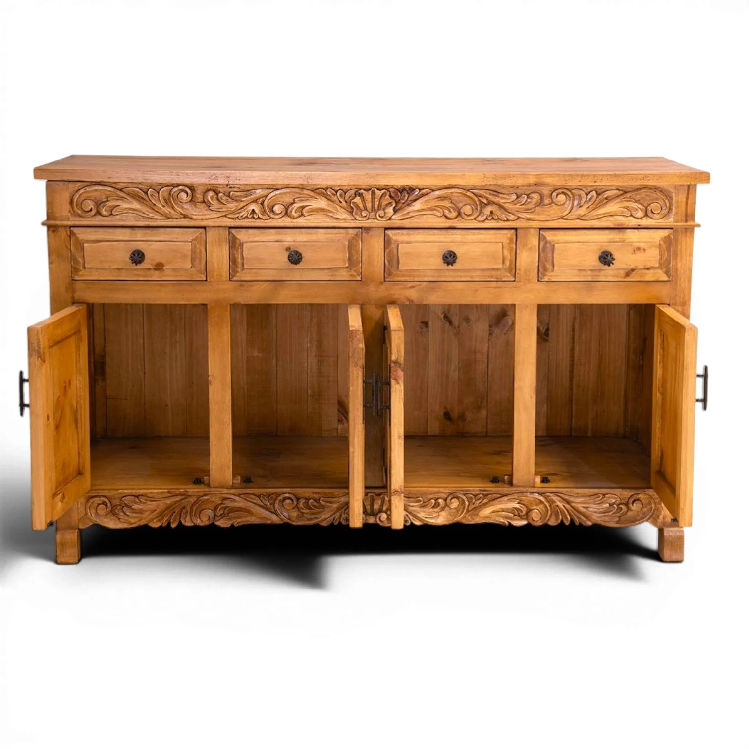 Handmade Las Cuevas Especial dark rustic buffet with hand-carved details and iron hardware crafted in Mexico.