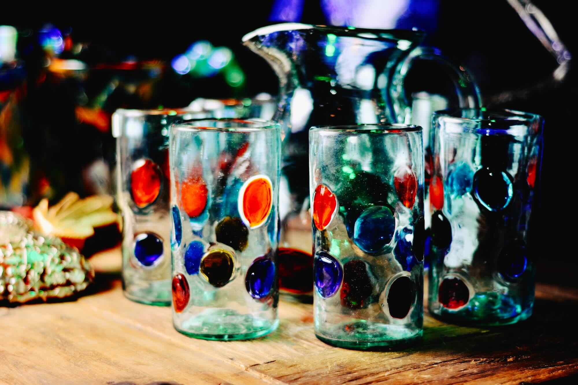 Polka dot handblown glassware set from Mexico