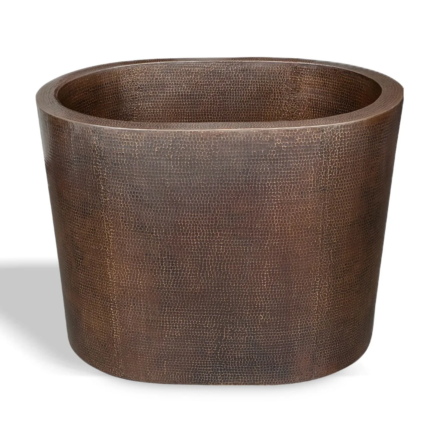 Handmade Hacienda 48-inch hammered copper oval Japanese soaking tub with built-in copper seat and oil rubbed bronze finish.